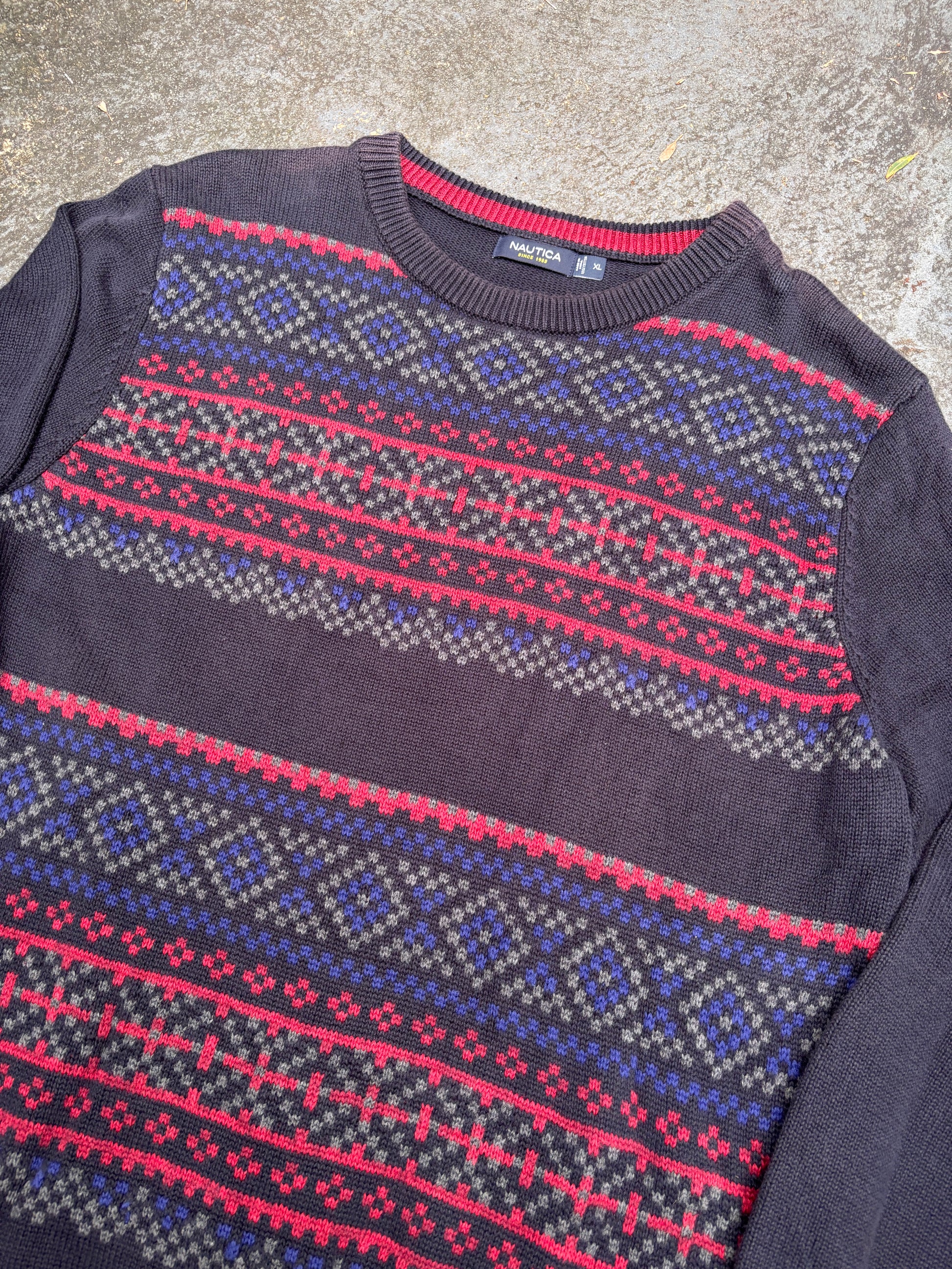 Nautica Knit Jumper Size XL Navy Red Fair Isle Pattern Cotton Crew Neck Sweater