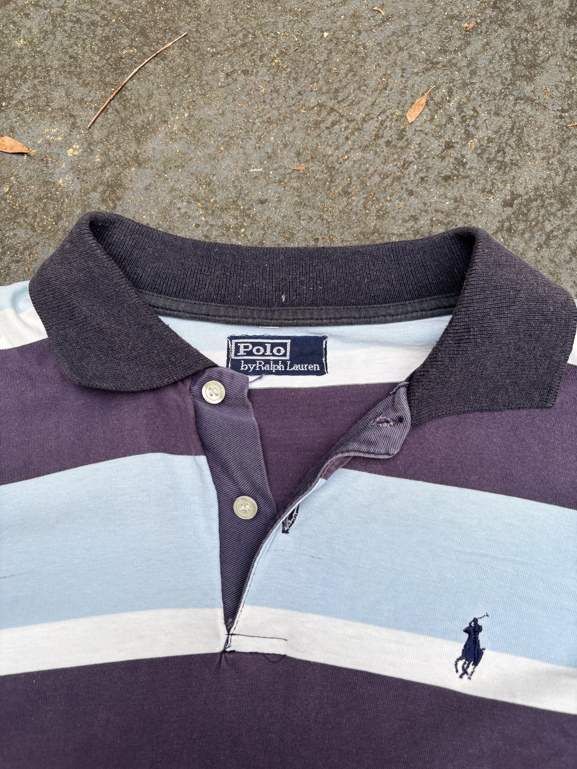 Vintage 90s Polo Ralph Lauren Rugby Polo Size M Two Tone Blue Striped Jersey