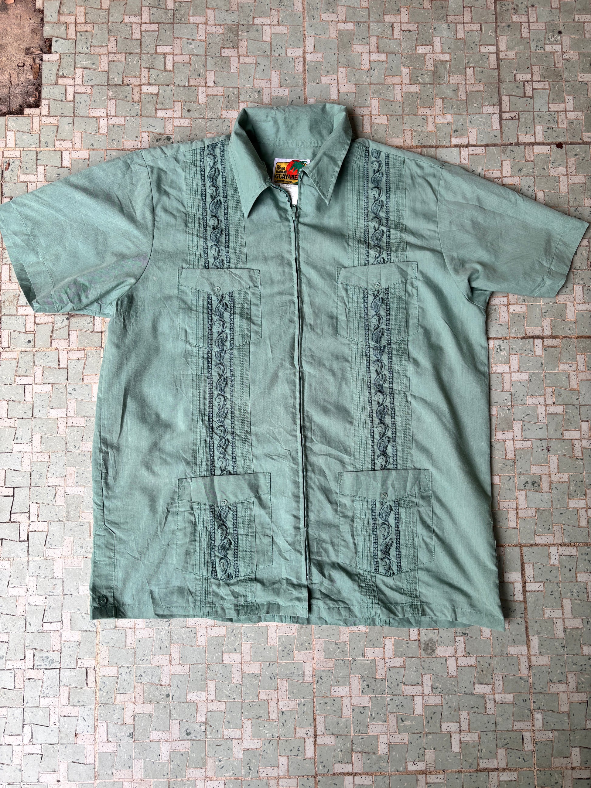 Vintage Cuban Zip Shirt Green 4 Pocket Front Size Medium Haband Guayabera Tag