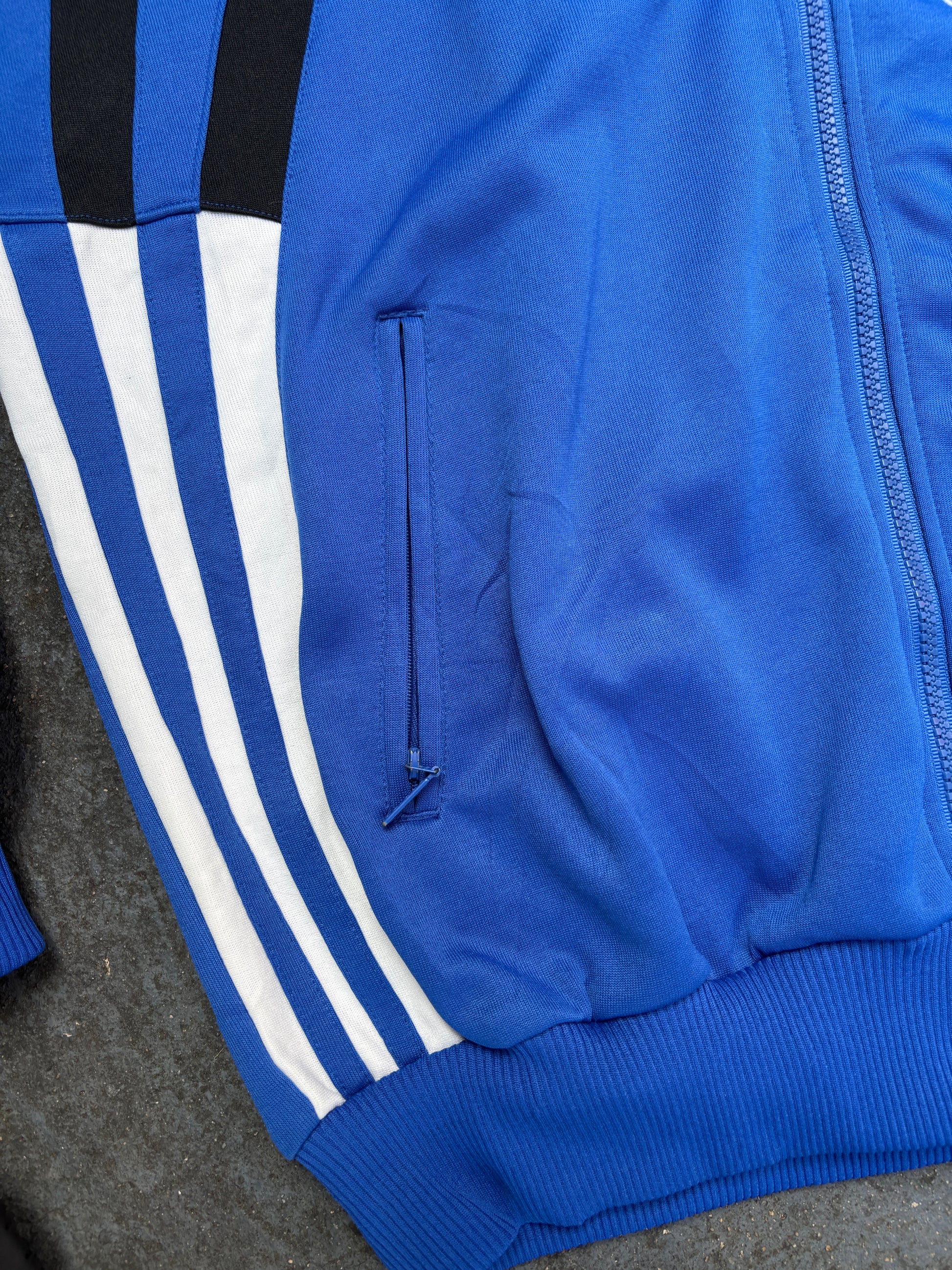 Vintage 90s Adidas Jacket Size L Blue Navy 3 Stripe Football Satin Style Finish