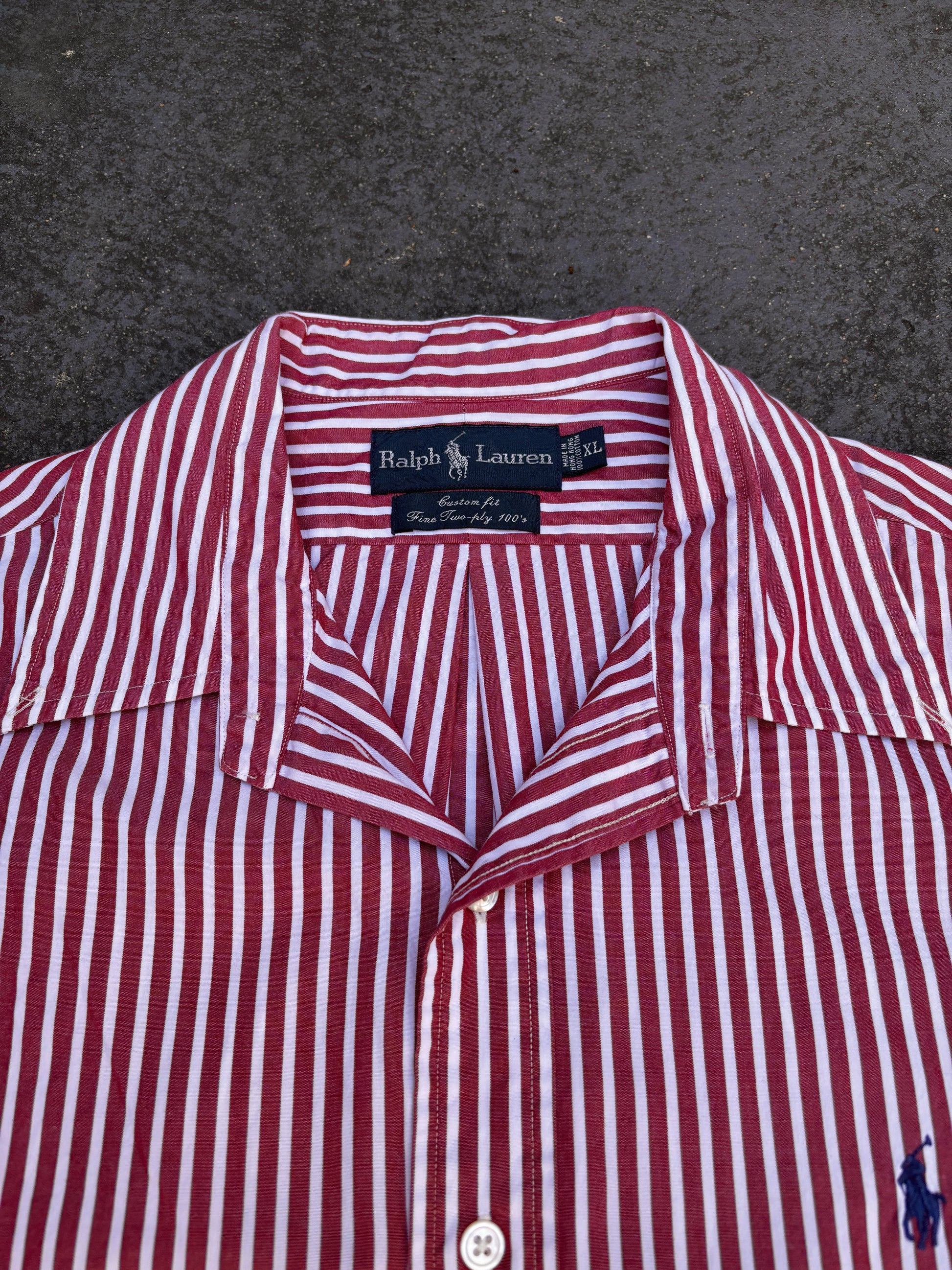 Vintage 90s Ralph Lauren Shirt Size XL Red White Stripe 2 Ply Cotton Custom Fit