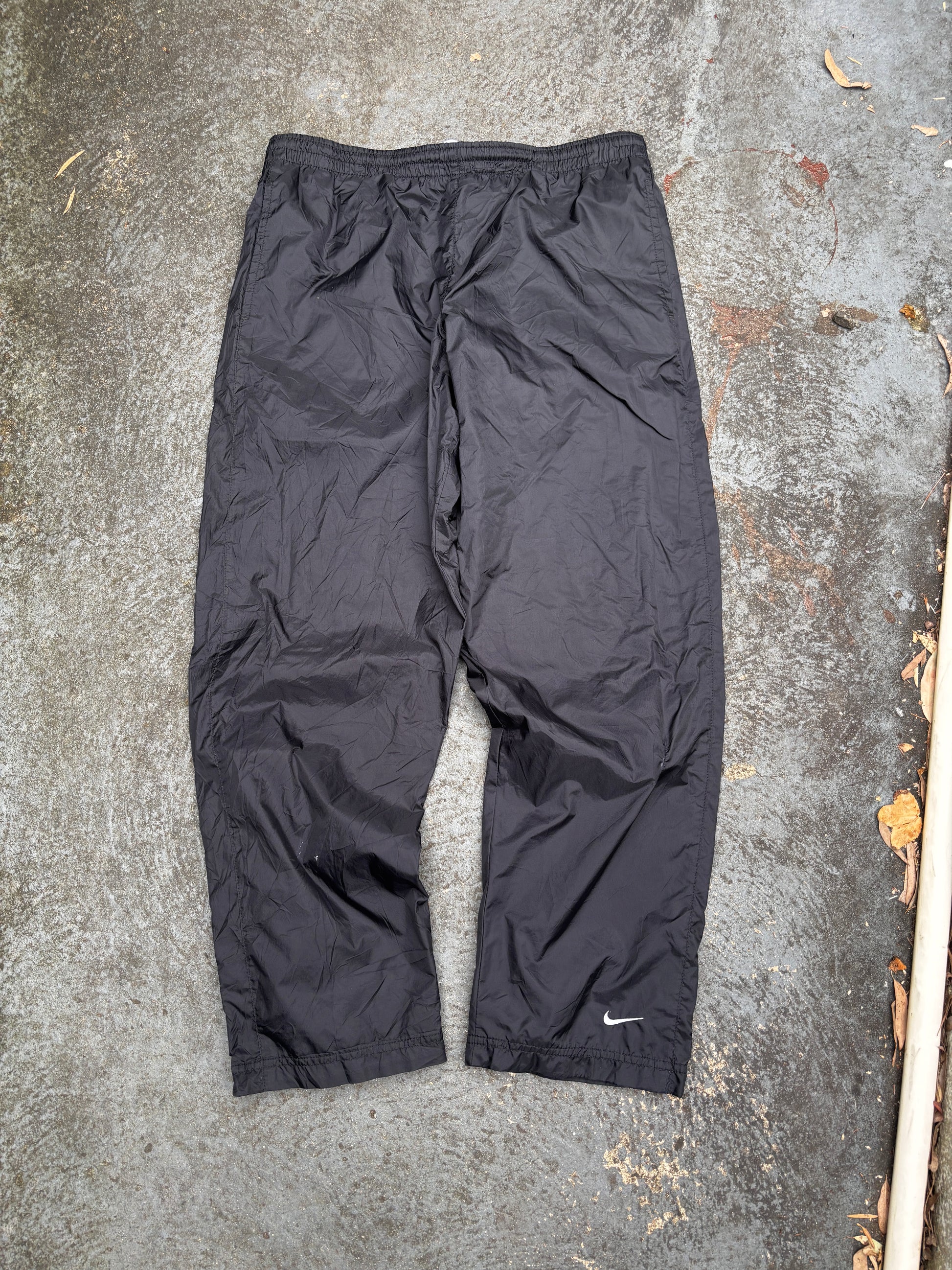 Vintage Y2K Nike Track Pants Size L Black White Ankle Swoosh Nylon Windbreakers