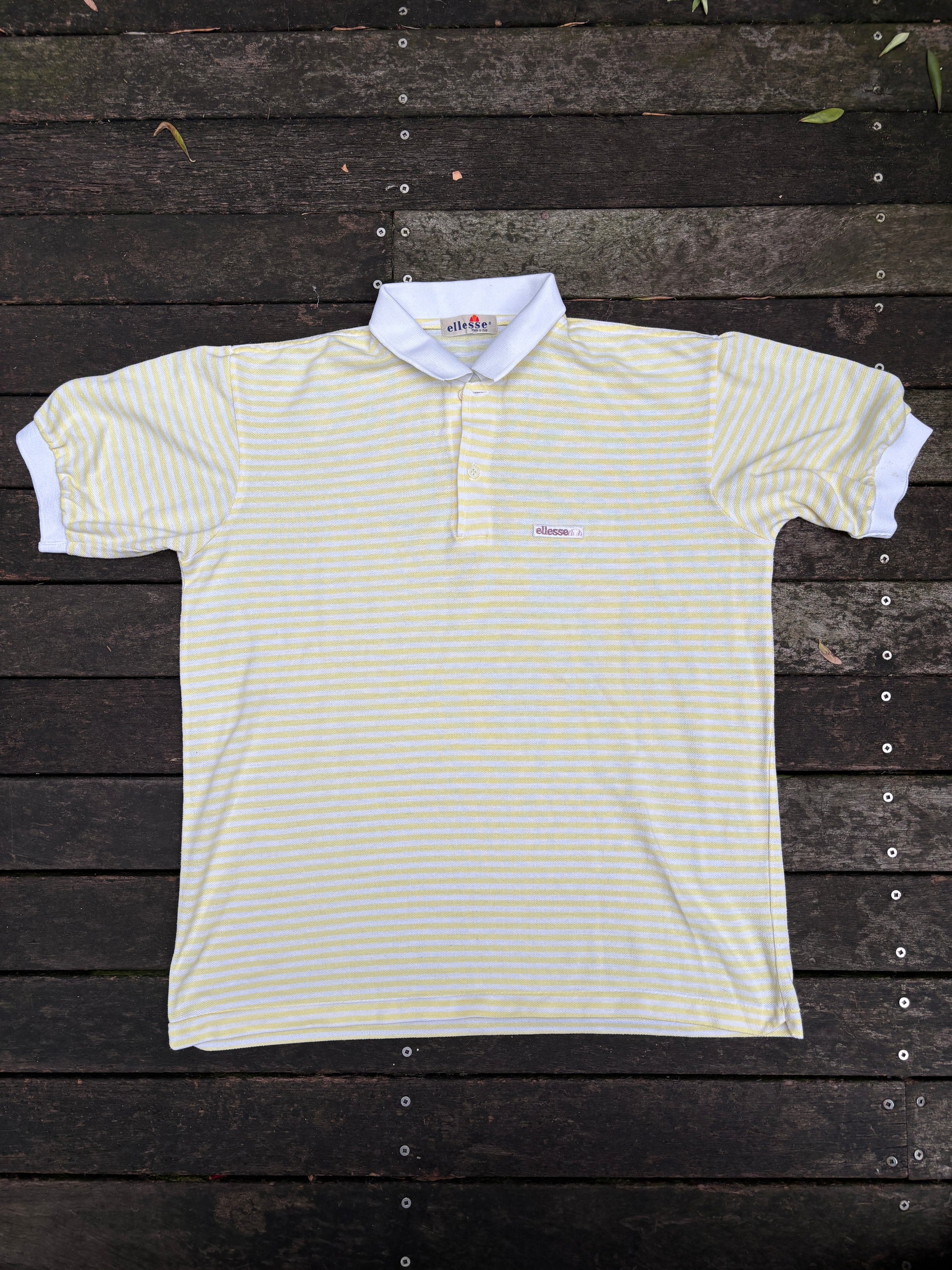 Vintage 80's Ellesse Polo Shirt Size L Yellow Stripe