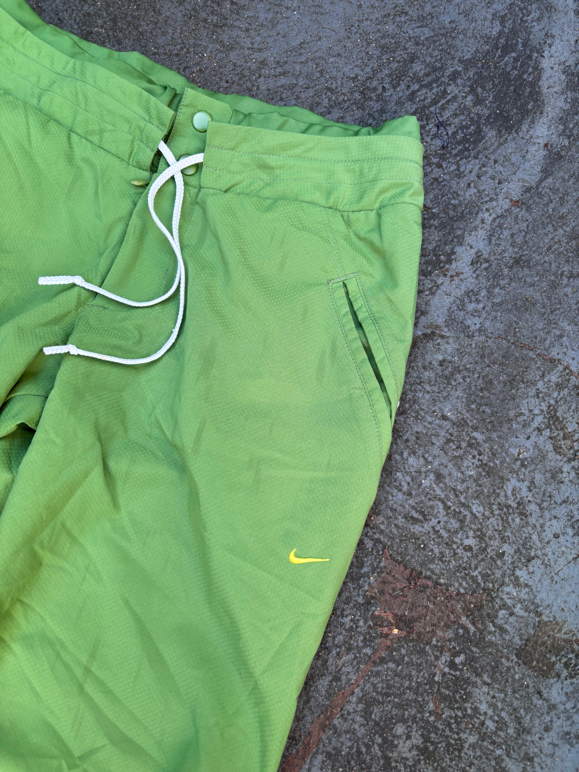 Vintage Y2K Nike Track Pants Size S Green Yellow Swoosh Baseball Style Wide Leg