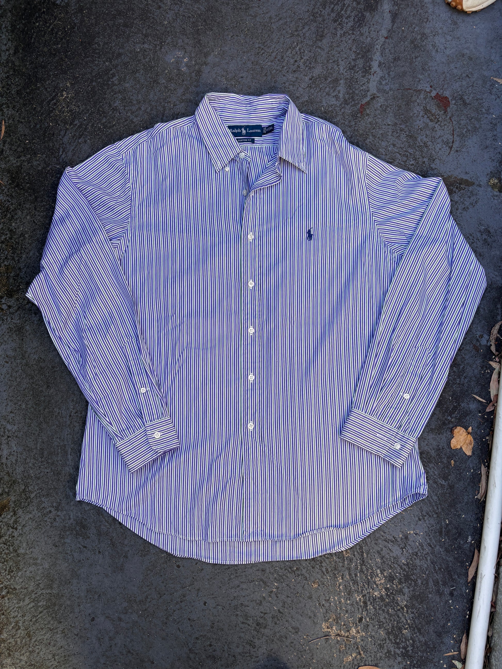 Vintage 90s Ralph Lauren Shirt Men’s XL Purple Green Down Stripe Cotton Navy Pony