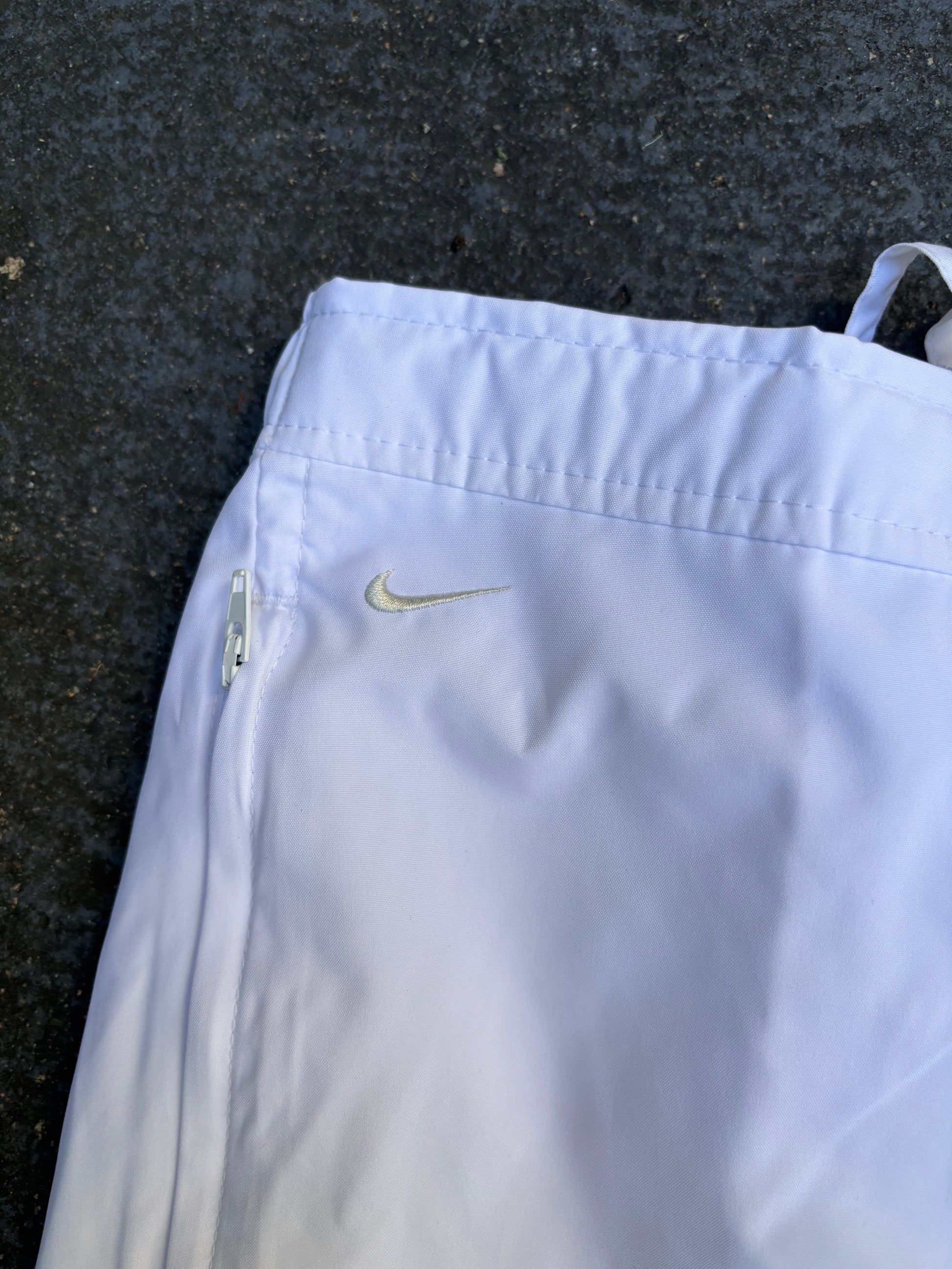 Vintage Y2K Nike Track Pants Womens S White Silver Swoosh Wide Leg Nylon Windbreaker