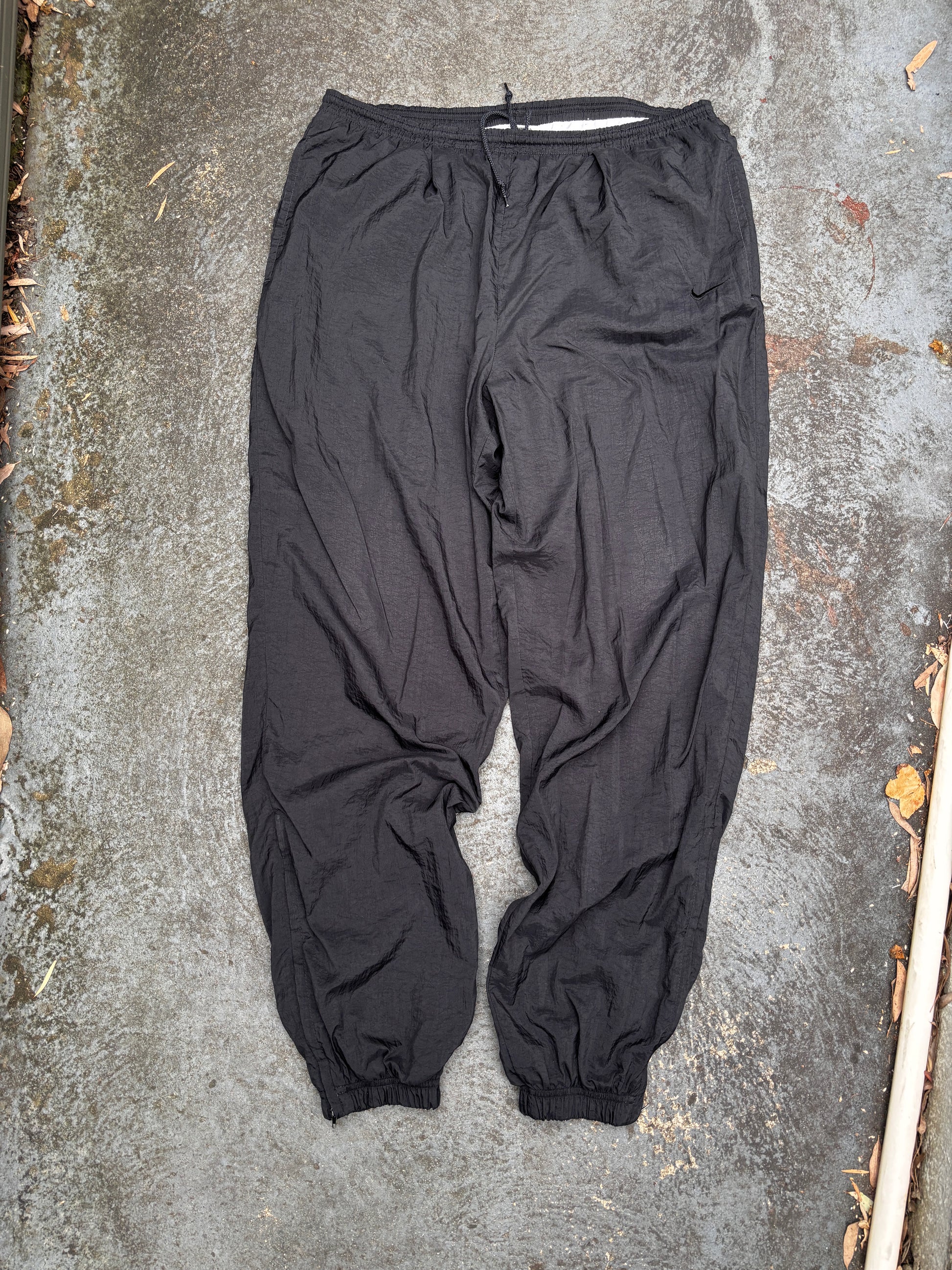 Vintage 90s Nike Track Pants Size M Double Black Swoosh Classic Nylon Windbreakers