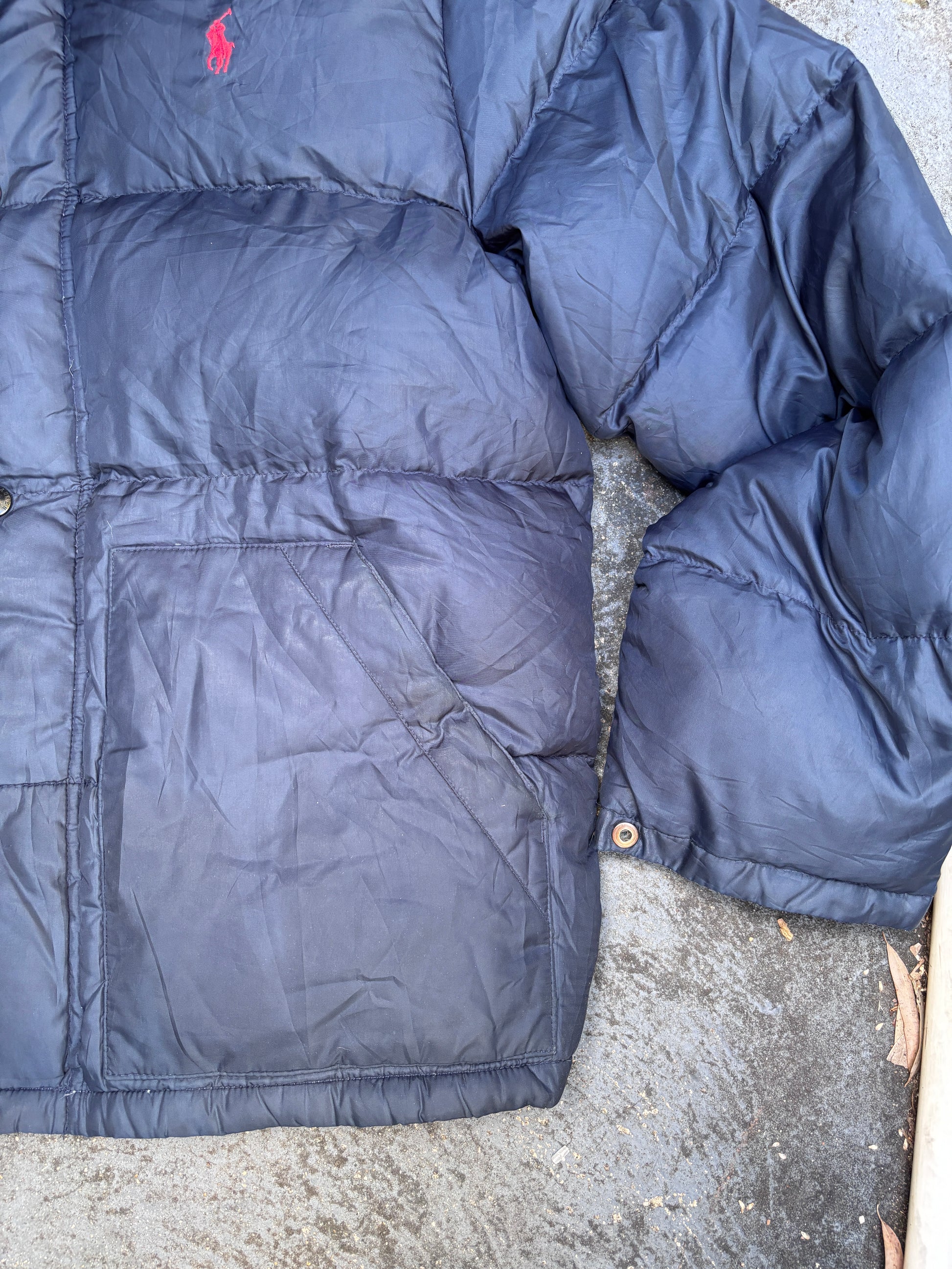 Vintage Y2K Polo Ralph Lauren Down Jacket Sz M Navy Puffer Hood Red Pony Pockets