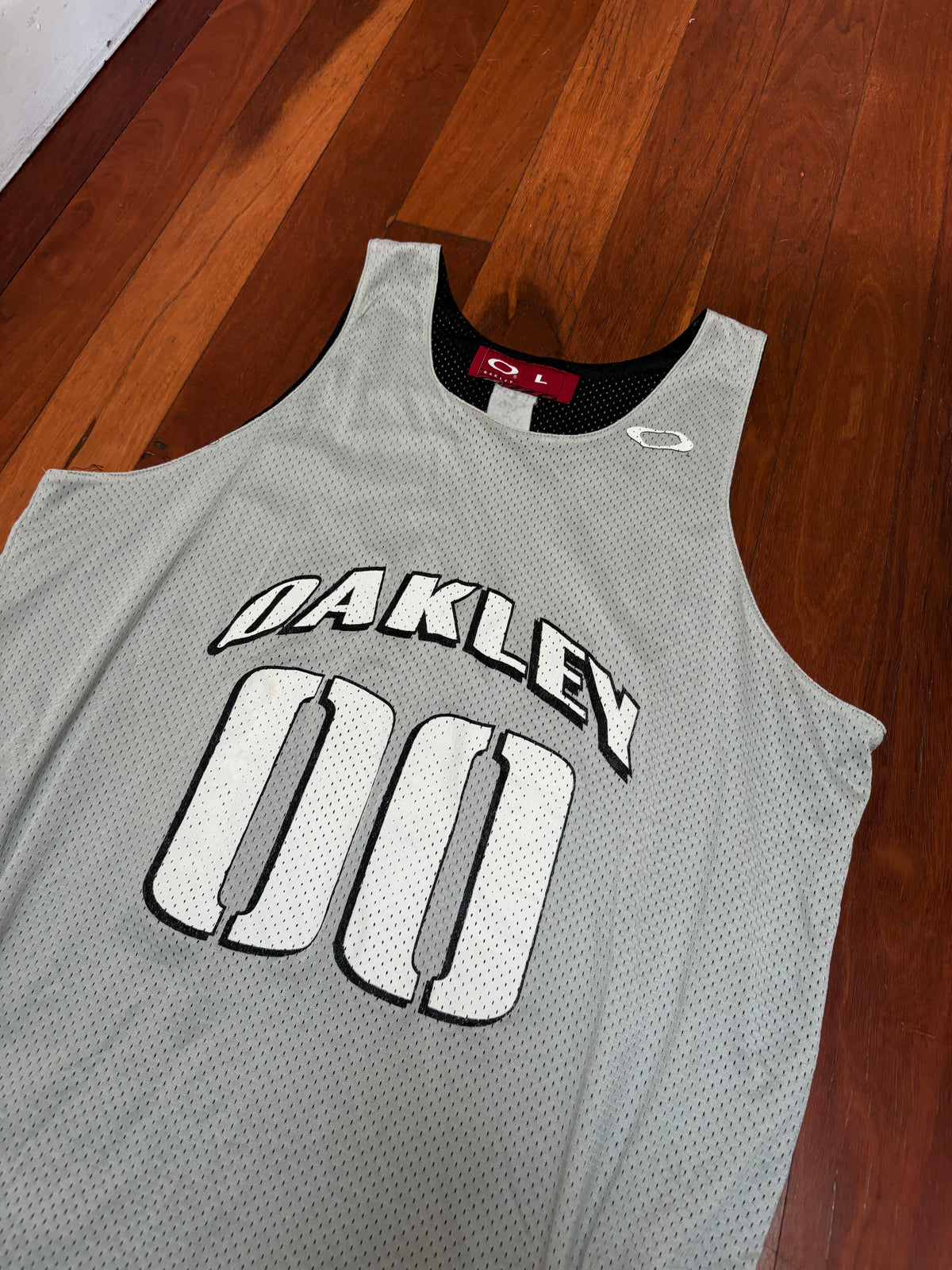 Vintage 90s Oakley Mad Science Jersey Size L Grey Black Mesh Sleeveless T-shirt