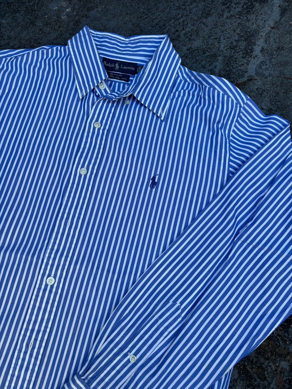 Vintage 90s Ralph Lauren Shirt Men’s XL Blue White Striped 2-Ply Cotton Custom Fit