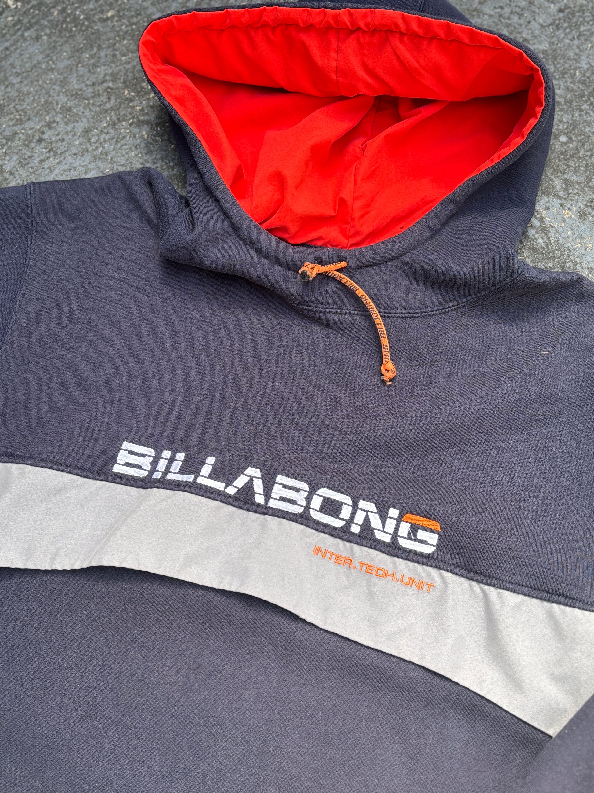 Vintage Y2K Billabong Hoodie Size M Navy Orange Spell Out Logo Kangaroo Pouch