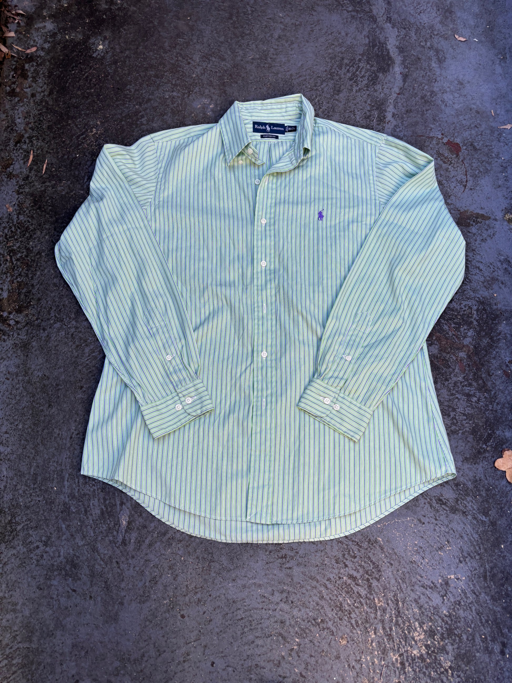 Vintage 90s Ralph Lauren Shirt Size L Green Purple Stripe Long Sleeve Button Up