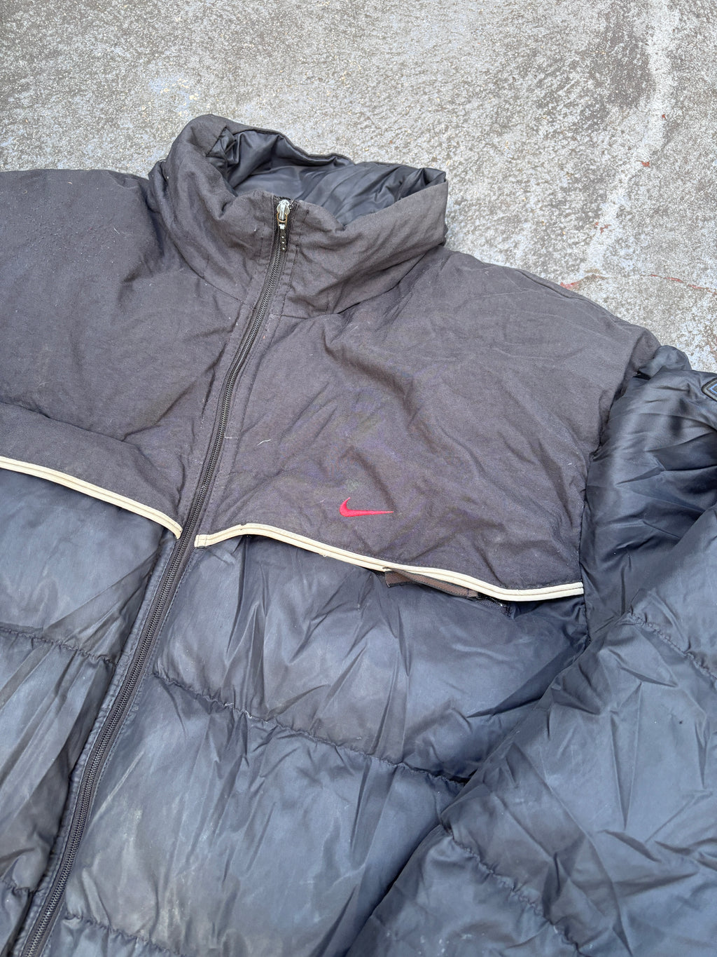 Vintage 90s Nike Down Puffer Jacket Size L Oversized Black Red Swoosh Full Zip