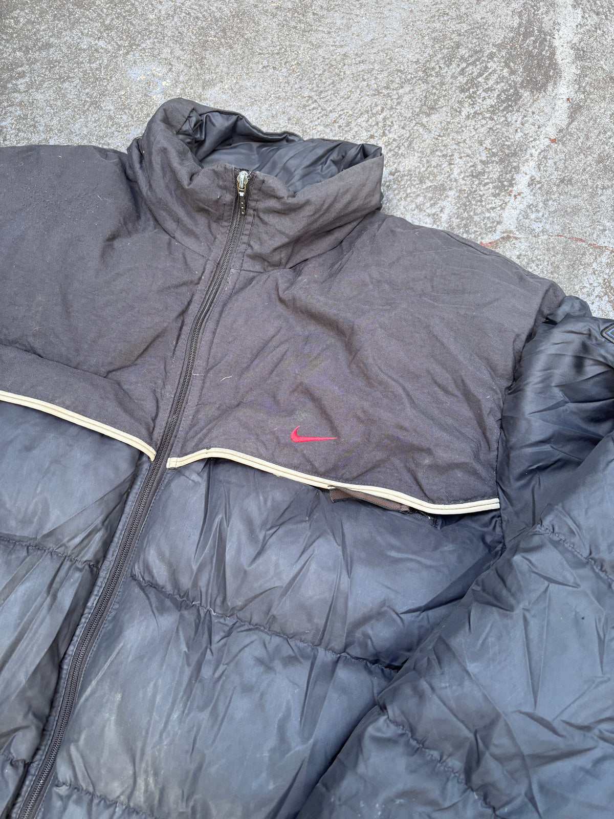 Vintage 90s Nike Down Puffer Jacket Size L Oversized Black Red Swoosh Full Zip