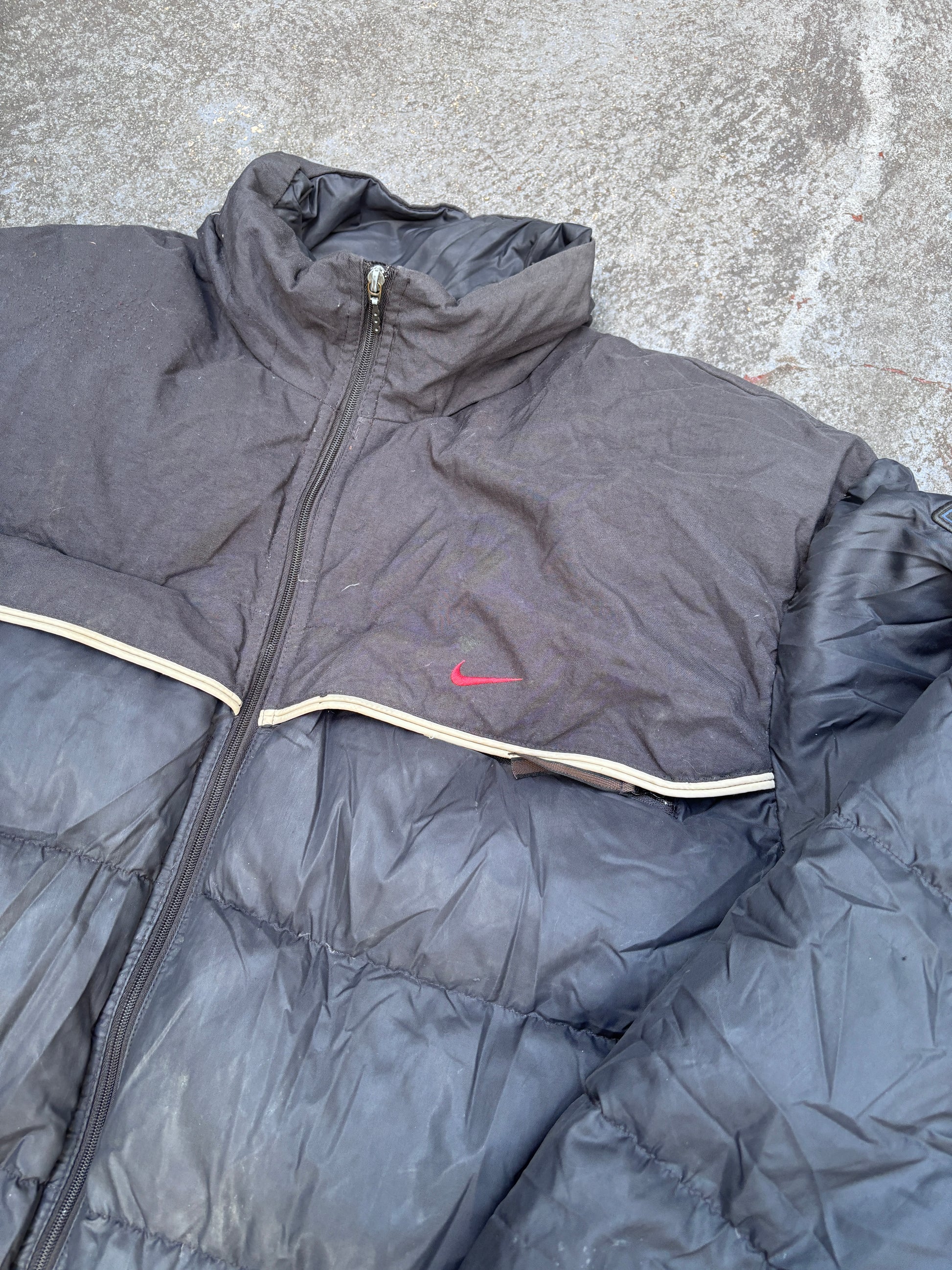 Vintage 90s Nike Down Puffer Jacket Size L Oversized Black Red Swoosh Full Zip