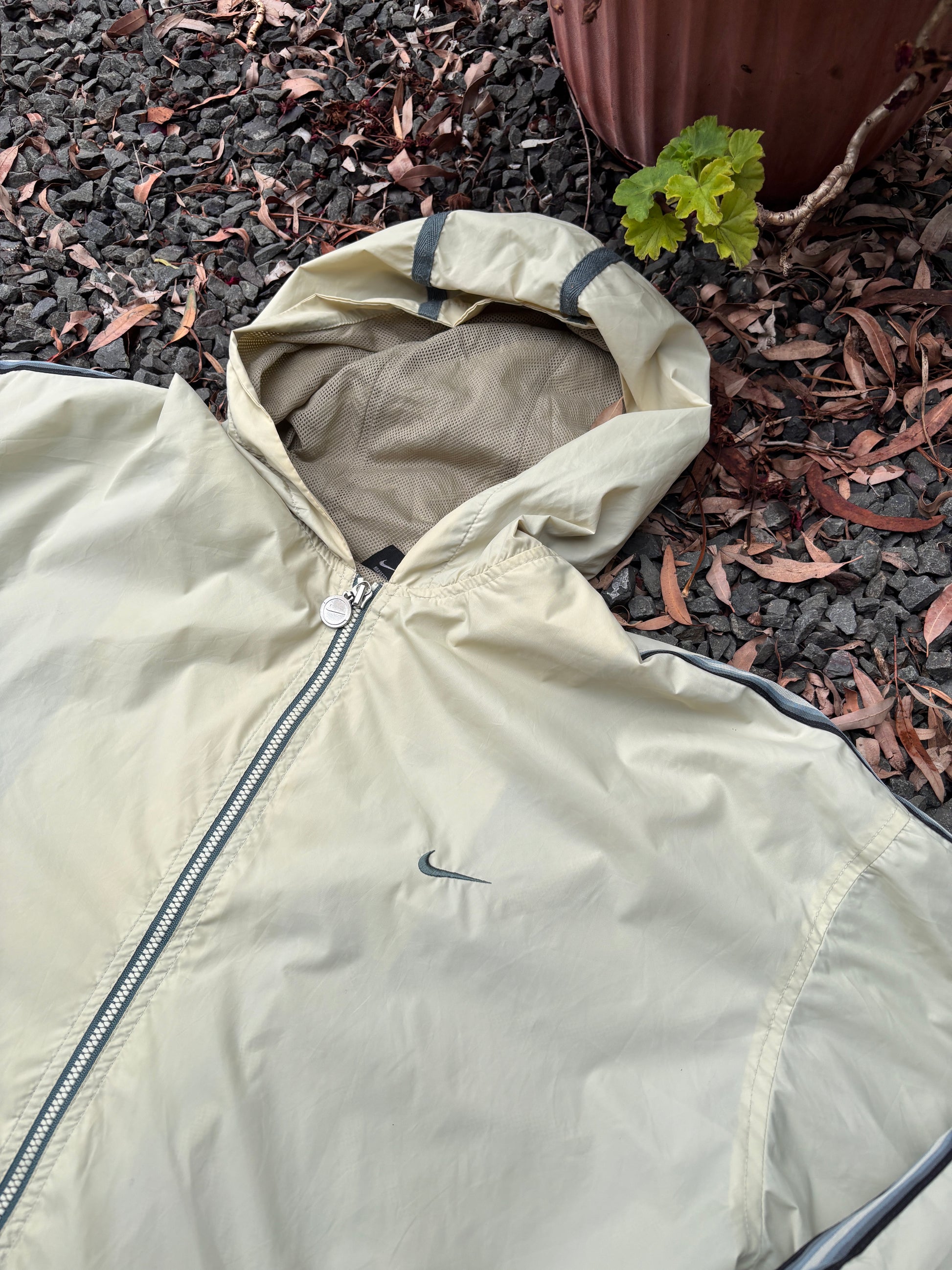Y2K Nike Nylon Jacket Size XL Off White Cream Hooded Grey Tag Boxy Bungee Waist