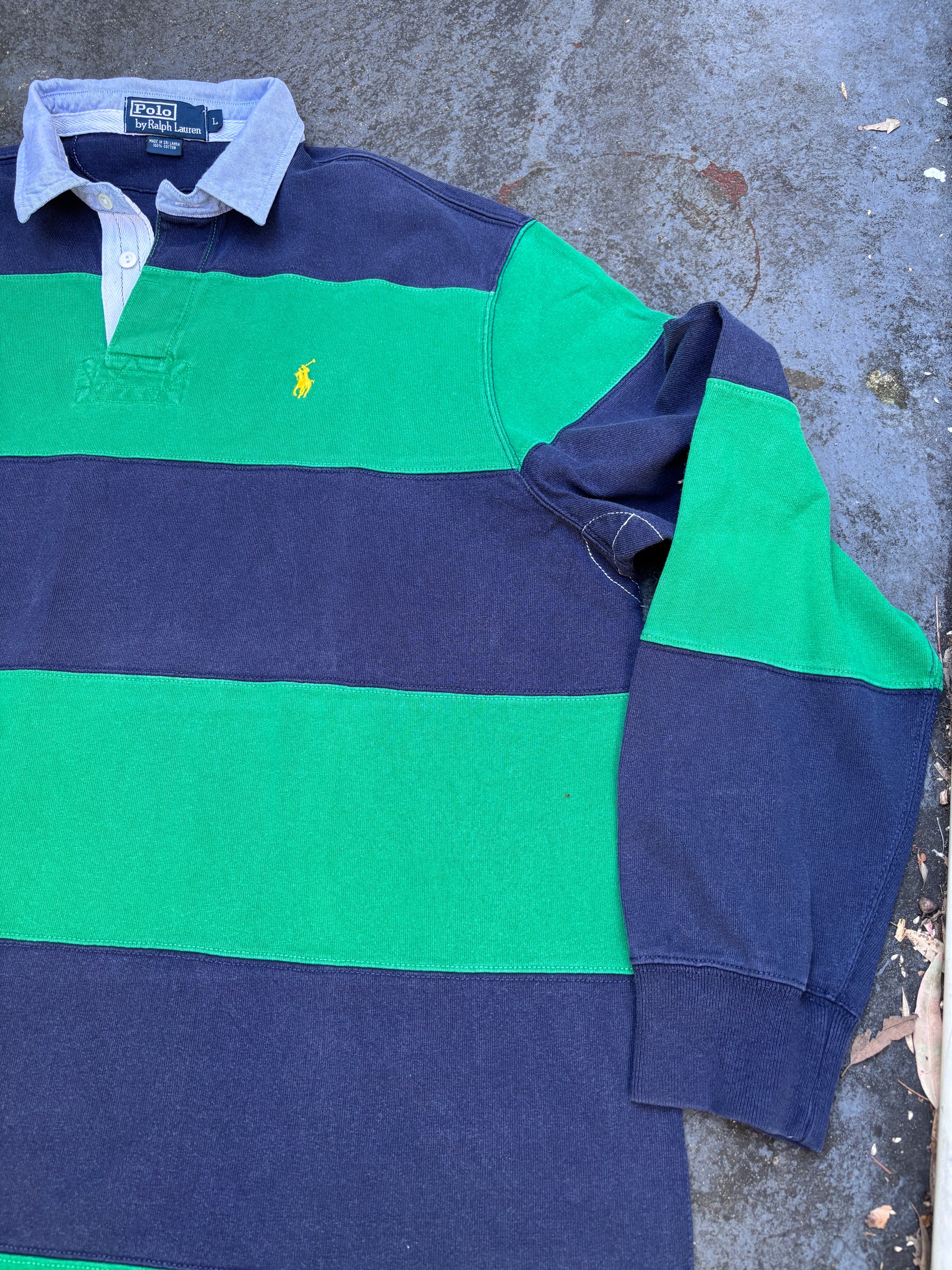 Vintage 90s Polo Ralph Lauren Rugby Polo Men’s L Green Blue Stripe Yellow Pony