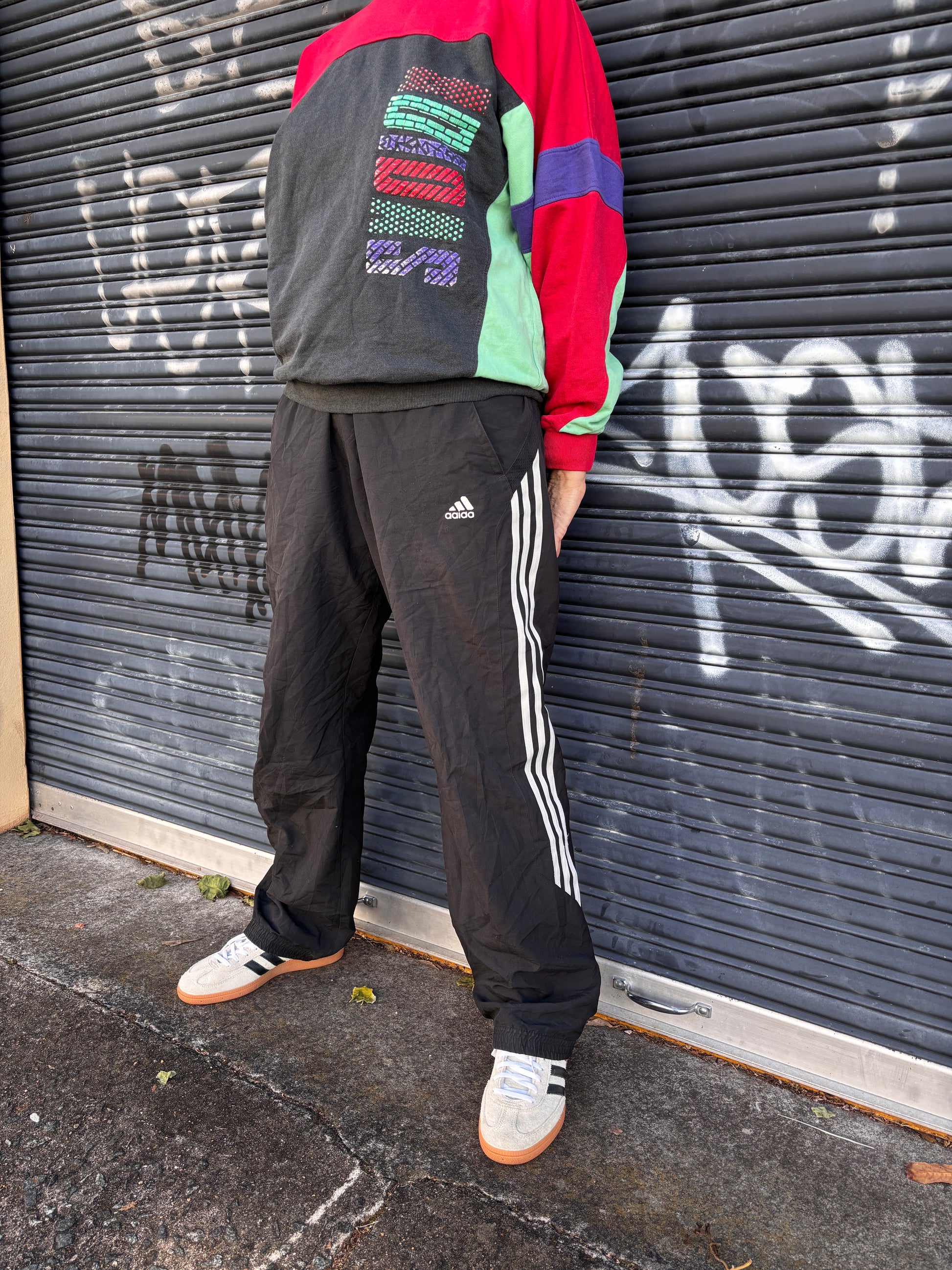 Vintage 80s Adidas Jumper Size M Multi Colour Block Spell Out + Flower Logo Fleece