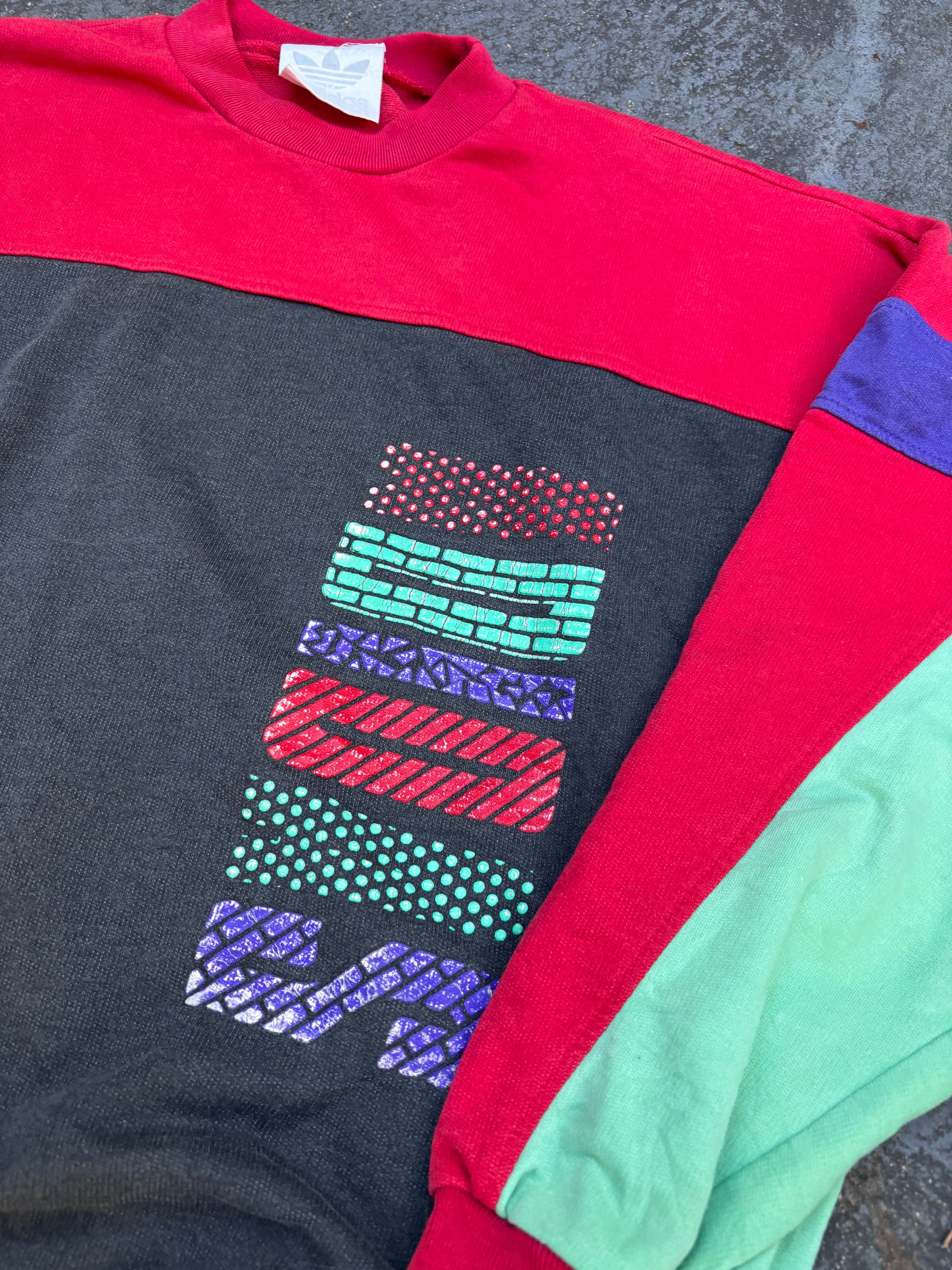 Vintage 80s Adidas Jumper Size M Multi Colour Block Spell Out + Flower Logo Fleece