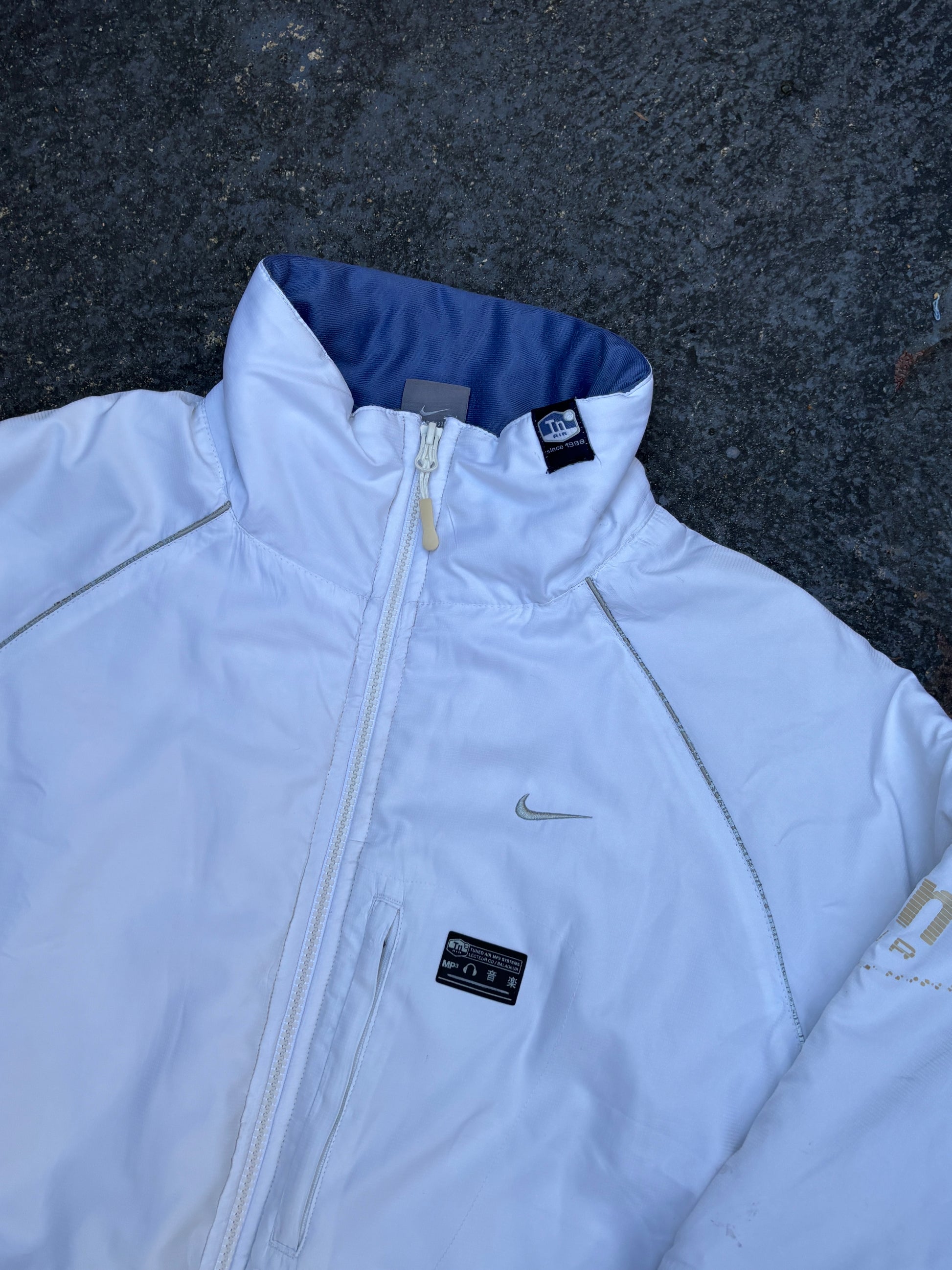 Vintage Y2K Nike Tn Jacket Size M White Blue Tuned Air Logo Full Zip Mock Neck