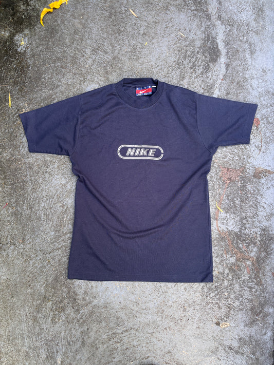 Vintage 90s Nike T-shirt Size S Navy Embossed Spell Out Logo Crew Neck Stretchy