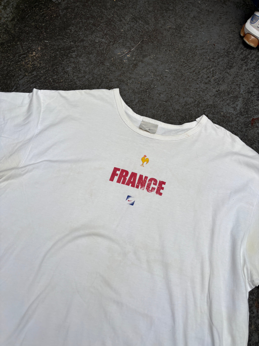 Vintage Y2K Nike France Rugby T-Shirt XL White Faded Crew Neck Made in Aus