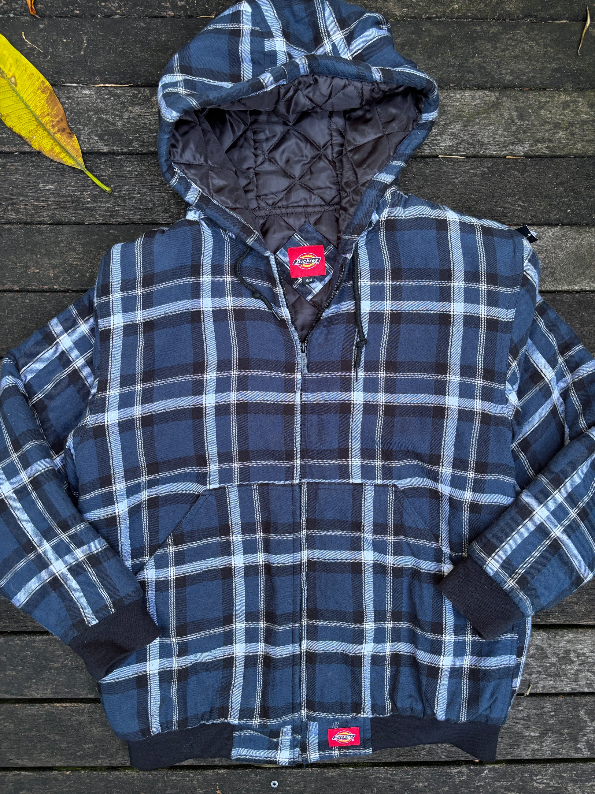 Dickies Flannel Jacket Size M Blue Quilted Workwear Hooded Coat