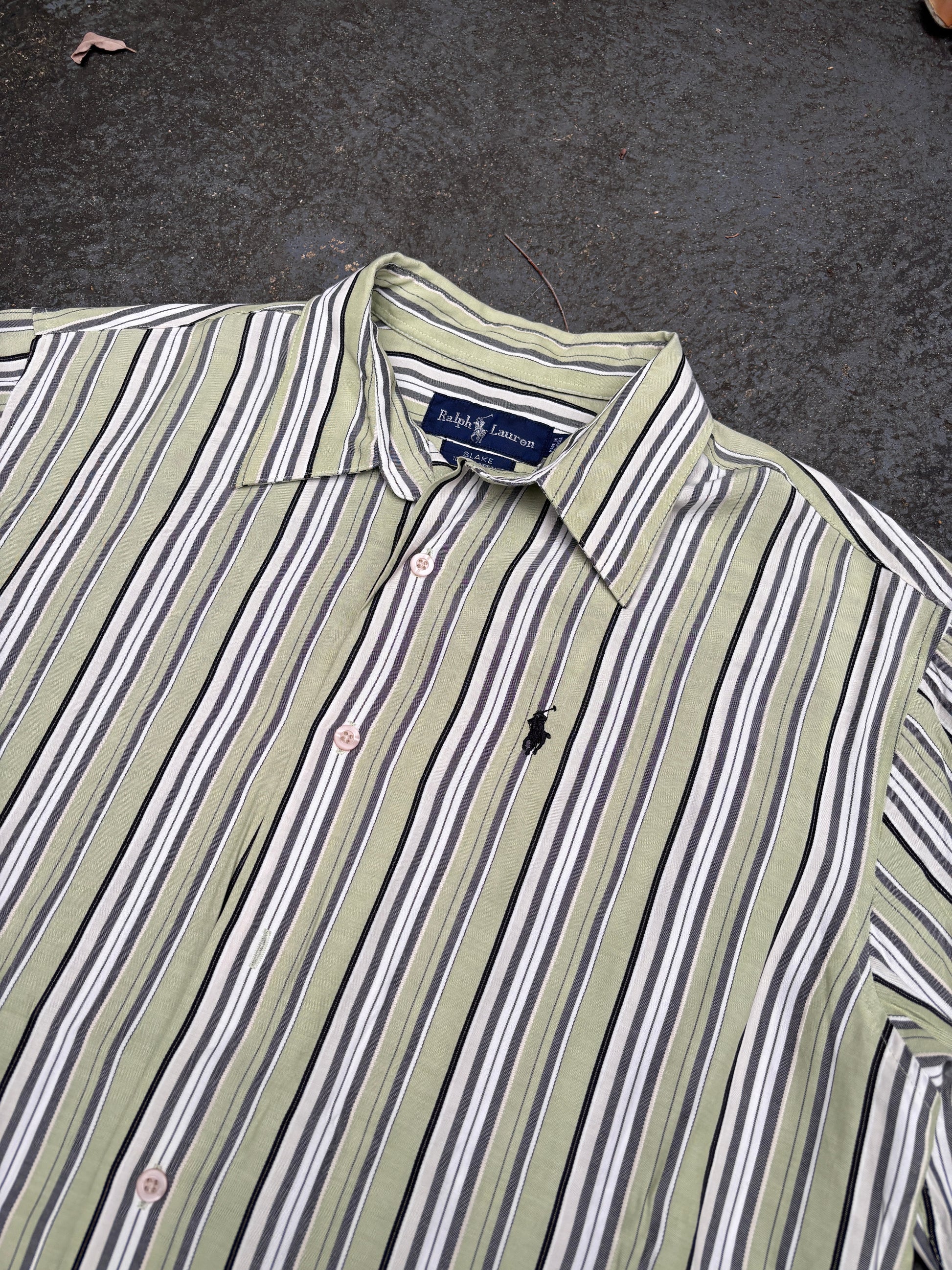 Vintage 90s Ralph Lauren Shirt Size L Green Striped Short Sleeve Navy Pony