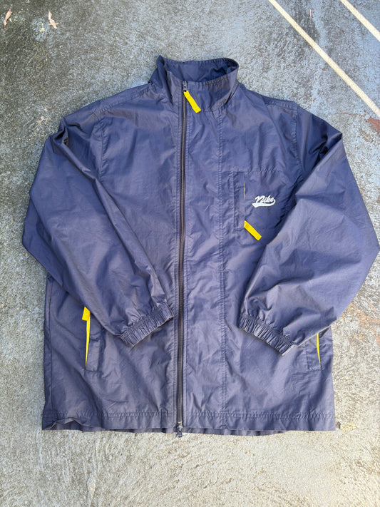 Vintage 90s Nike Jacket Size L Navy Yellow Spell Out Nylon Windbreaker Full Zip