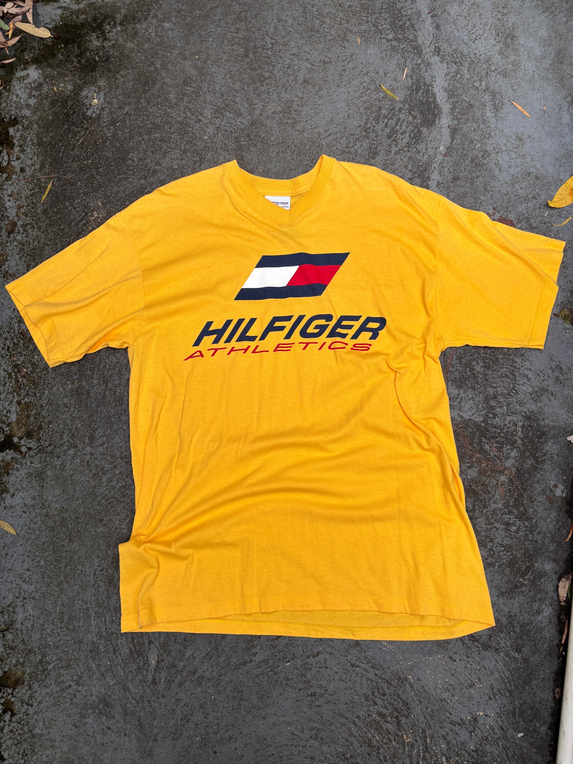 Vintage 90s Tommy Hilfiger Athletics T-shirt Sz XL Spell Out Logo V-Neck USA