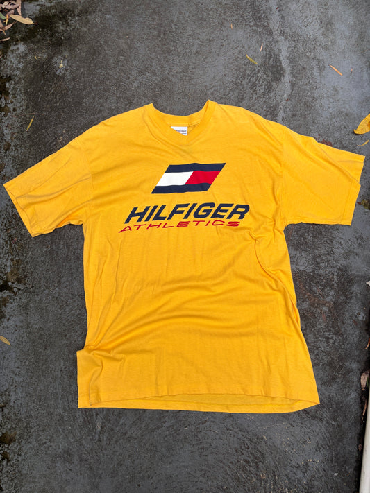 Vintage 90s Tommy Hilfiger Athletics T-shirt Sz XL Spell Out Logo V-Neck USA