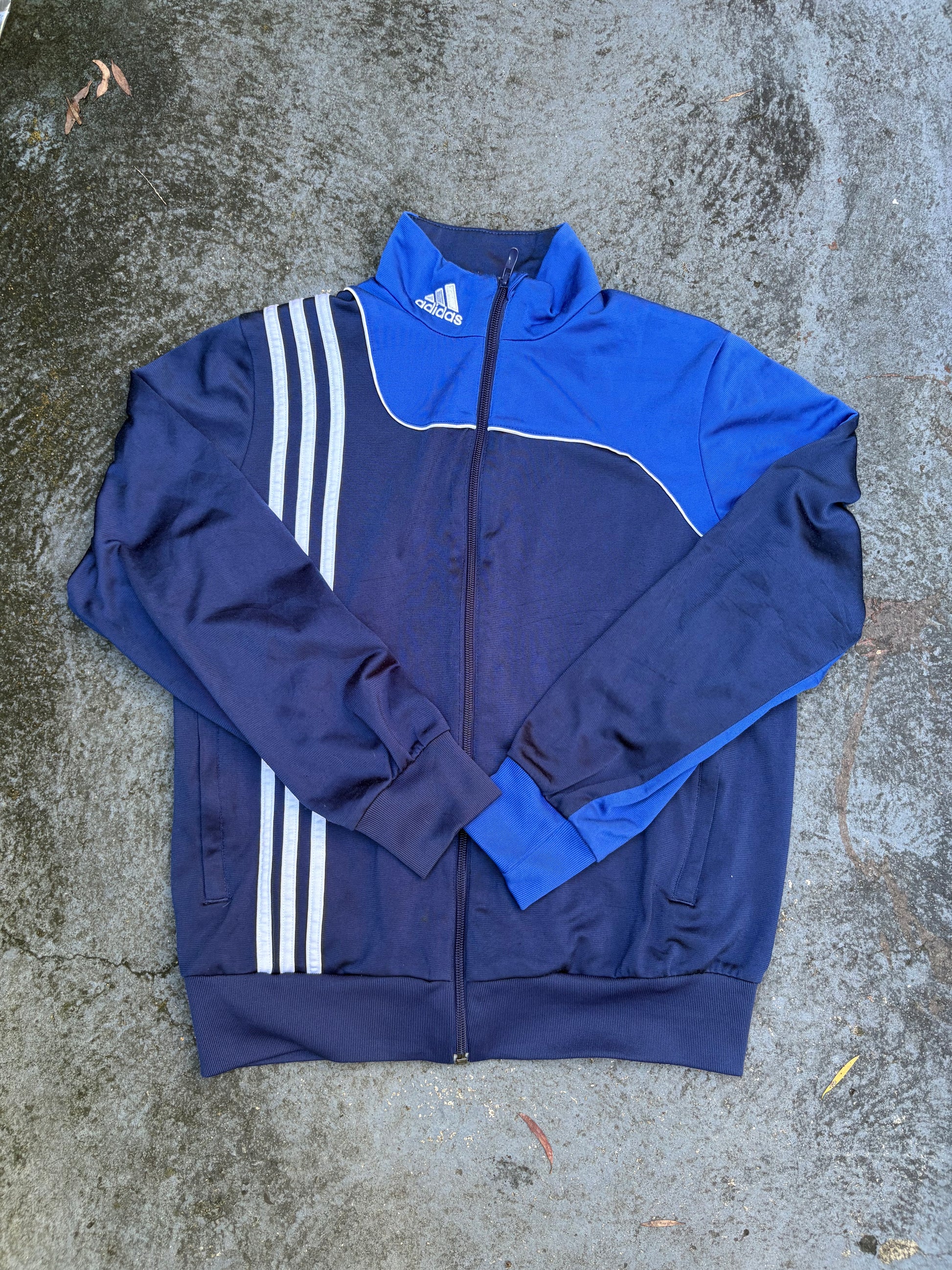 Vintage Y2K Adidas Jumper Size S Blue 3 Stripe Full Zip Mock Neck Satin Finish