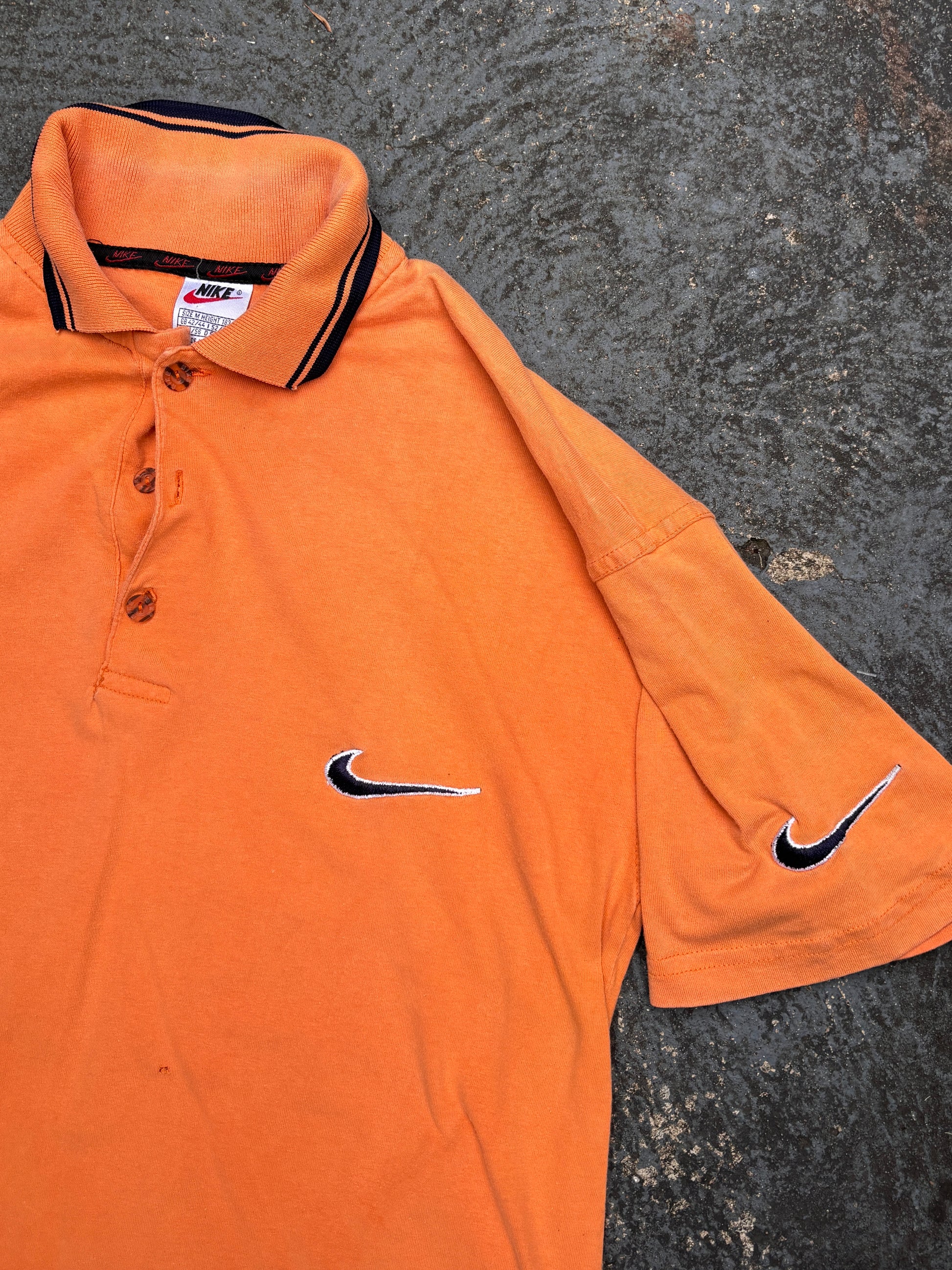 Vintage 90s Nike Polo Shirt Size M Orange Navy Chest Swoosh Made in USA