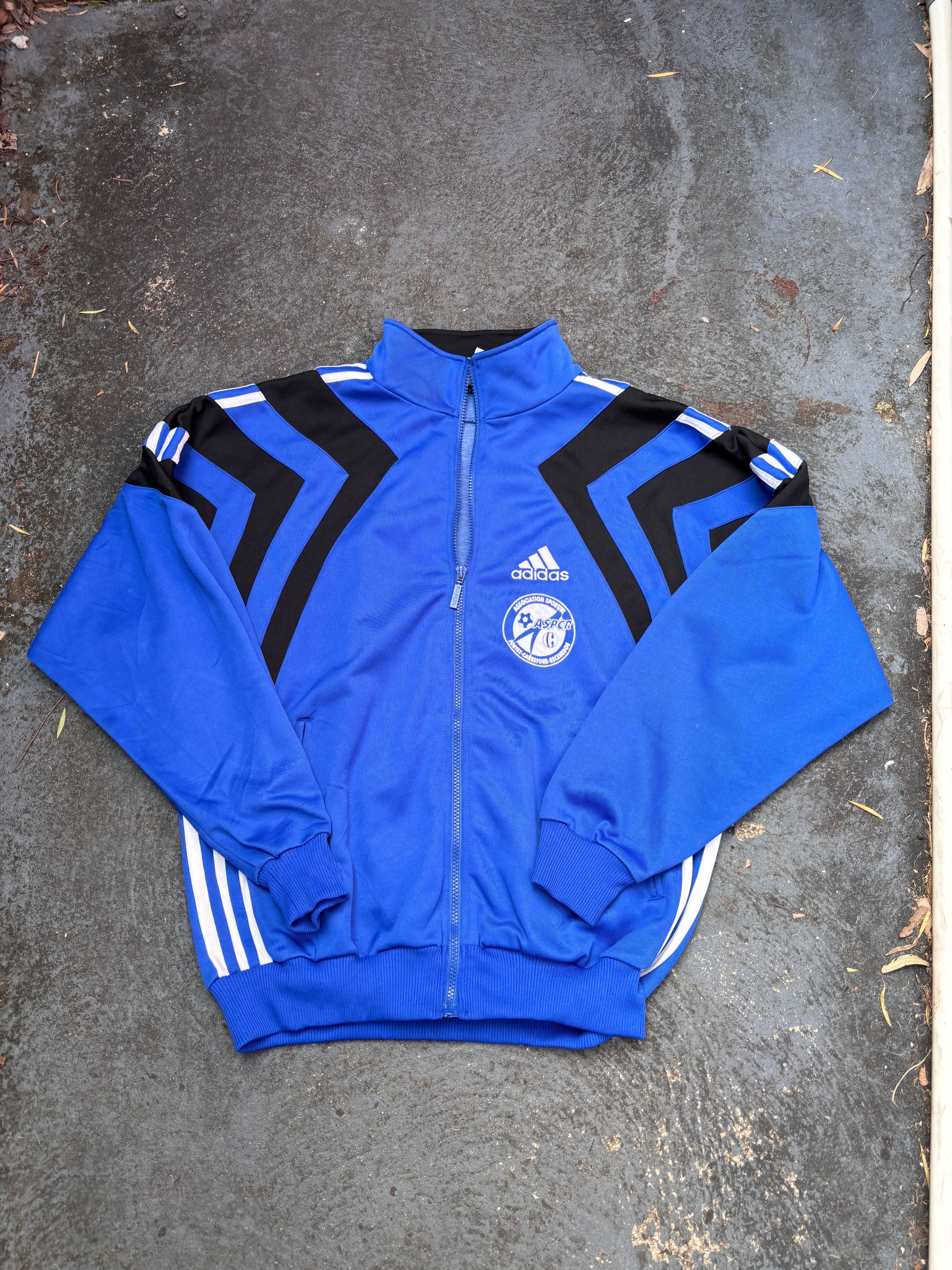 Vintage 90s Adidas Jacket Size L Blue Navy 3 Stripe Football Satin Style Finish