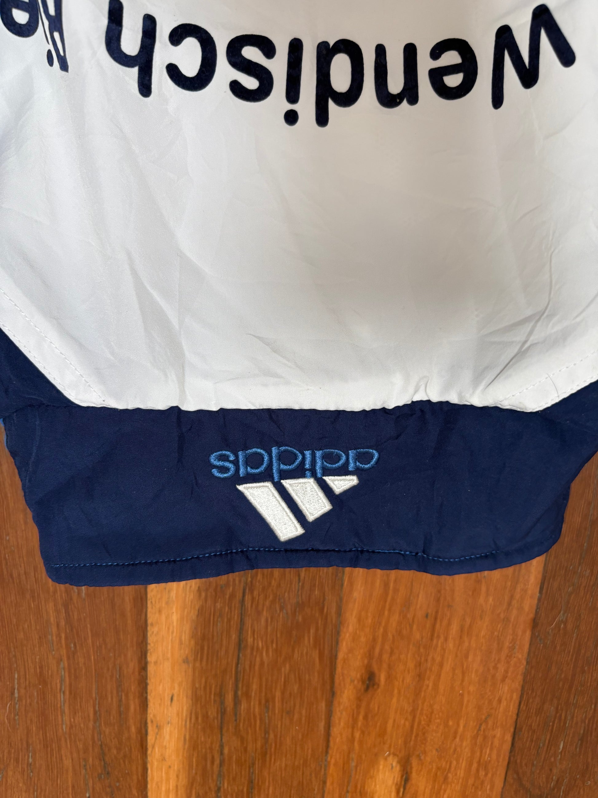 Vintage 90s Adidas Jacket Size L White Blue Auto Shop Print Classic Windbreaker