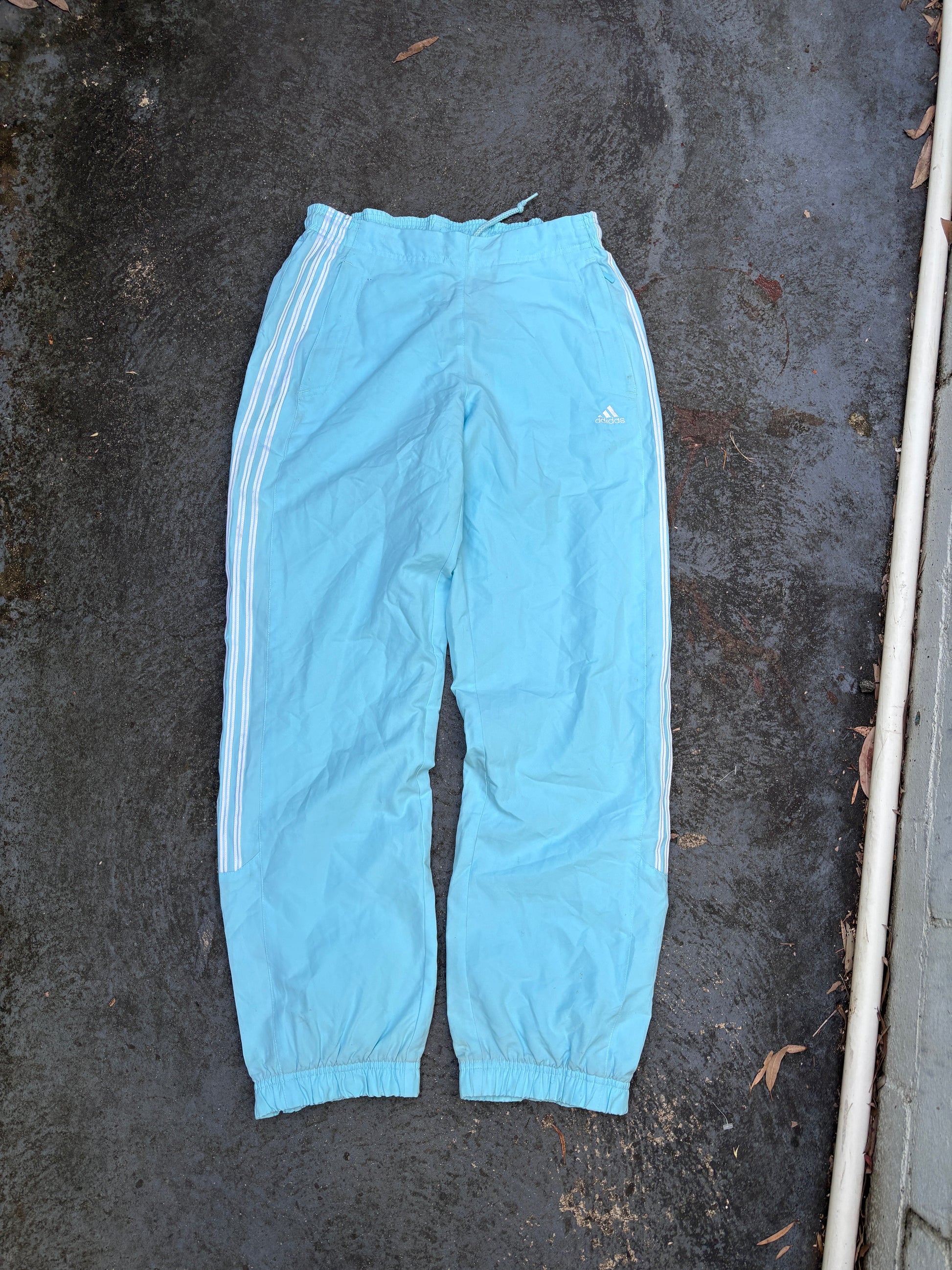 Vintage Y2K Adidas Track Pants Size S Blue White 3 Stripe Logo Windbreakers