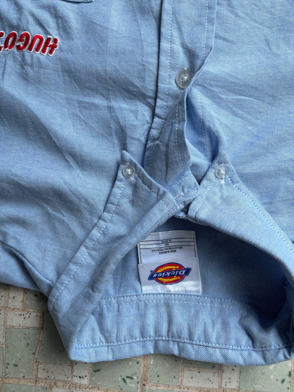 Dickies Workwear Shirt Size L/XL Blue Embroidered Logo "Hugo's" Button Up