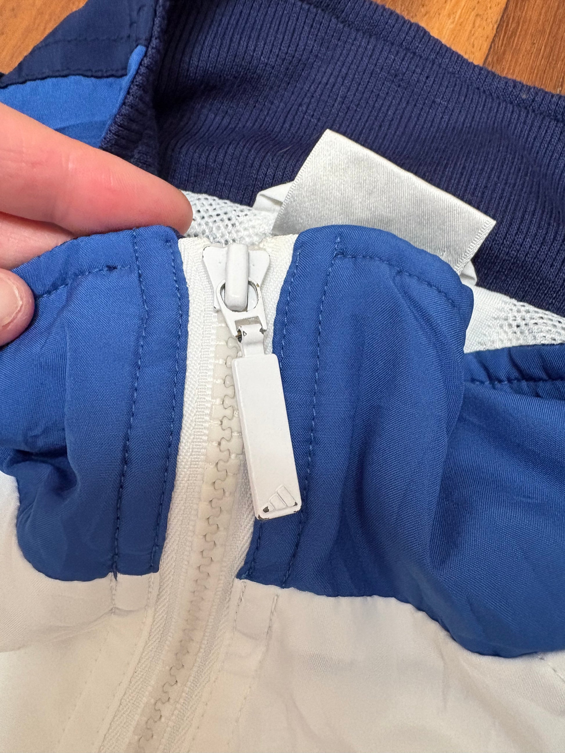 Vintage 90s Adidas Jacket Size L White Blue Auto Shop Print Classic Windbreaker