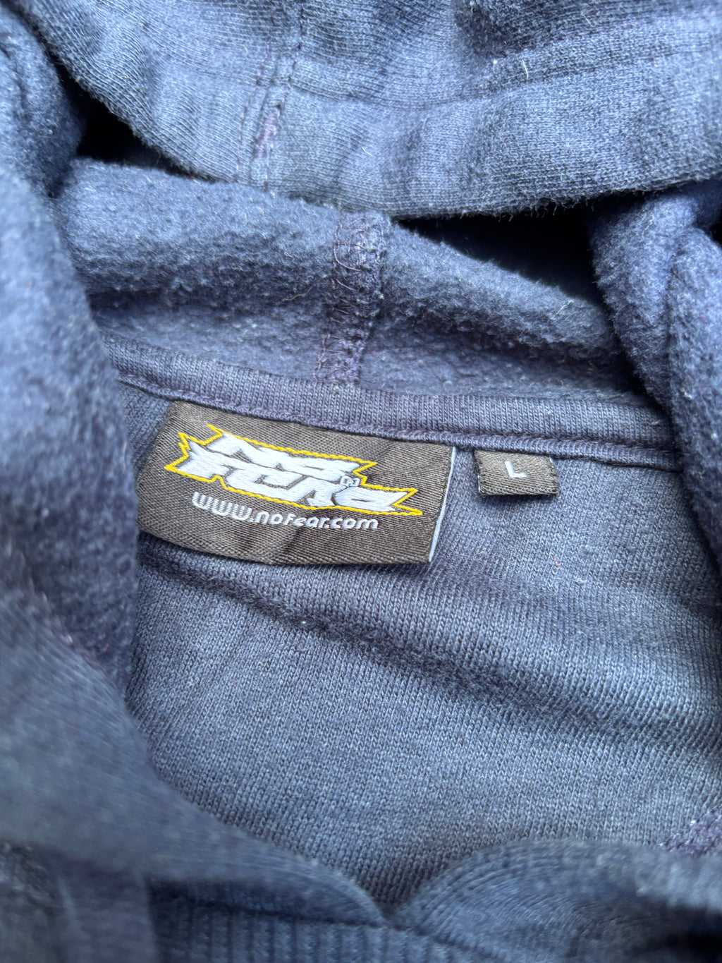 Vintage Y2K No Fear Hoodie Size L Navy Fleece Texture Logo Kangaroo Pouch