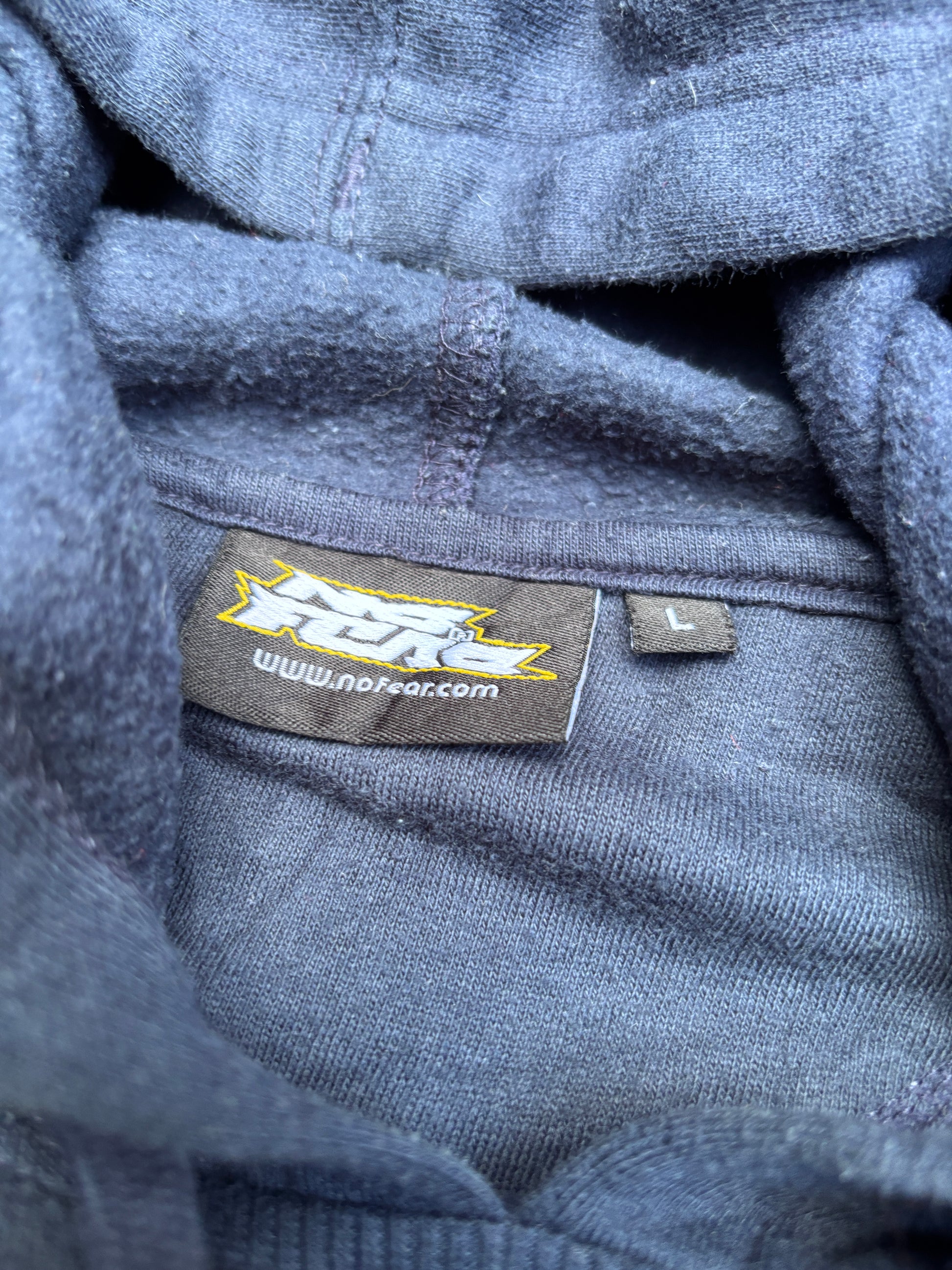 Vintage Y2K No Fear Hoodie Size L Navy Fleece Texture Logo Kangaroo Pouch