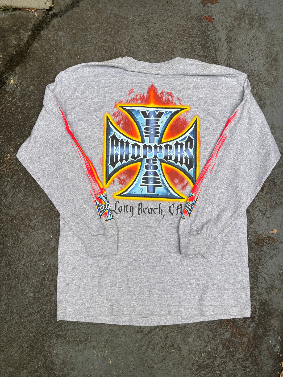Vintage Y2K West Coast Choppers T-shirt Size M Grey Large Flame Logo Long Sleeve
