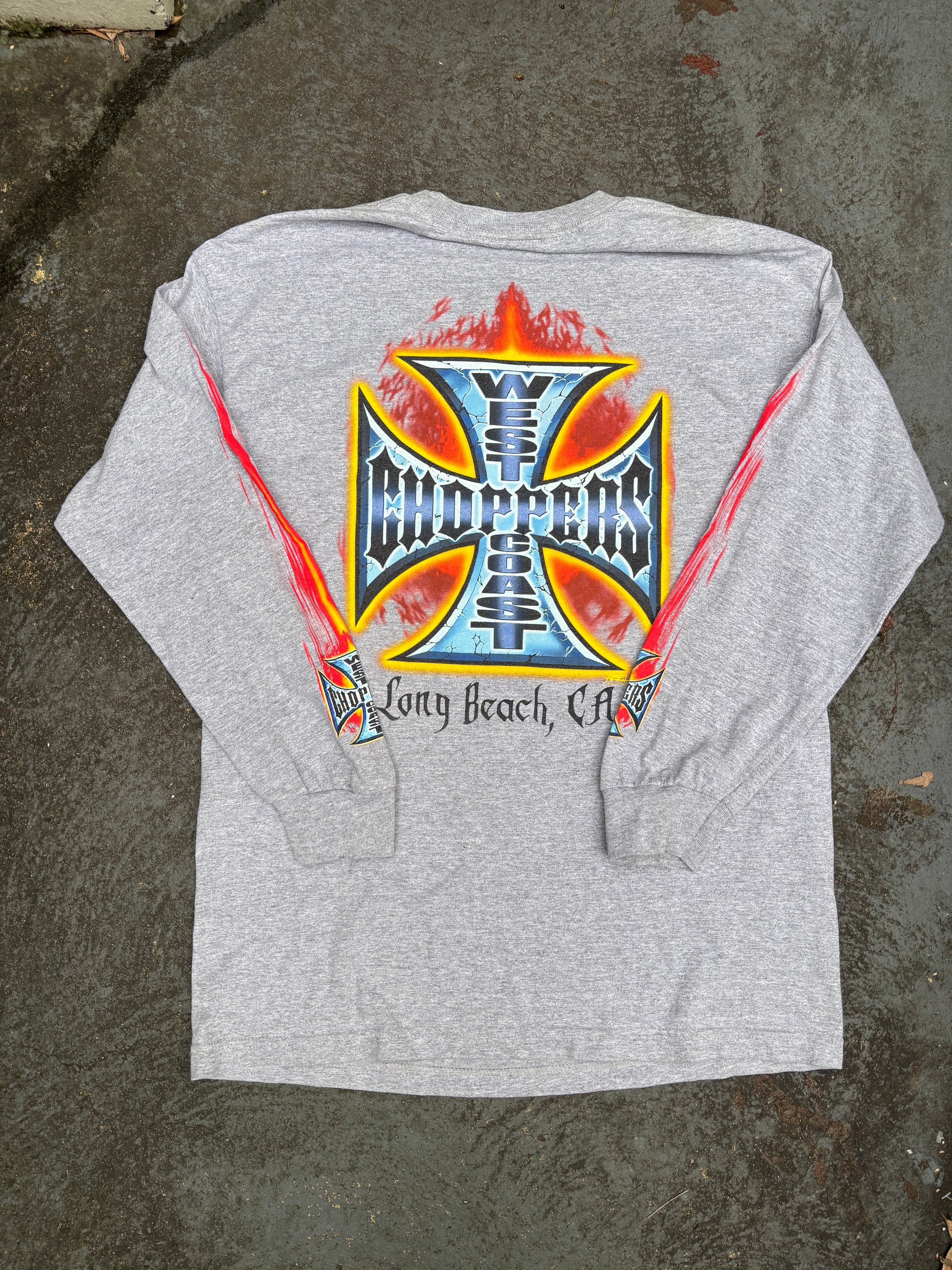 Vintage Y2K West Coast Choppers T-shirt Size M Grey Large Flame Logo Long Sleeve