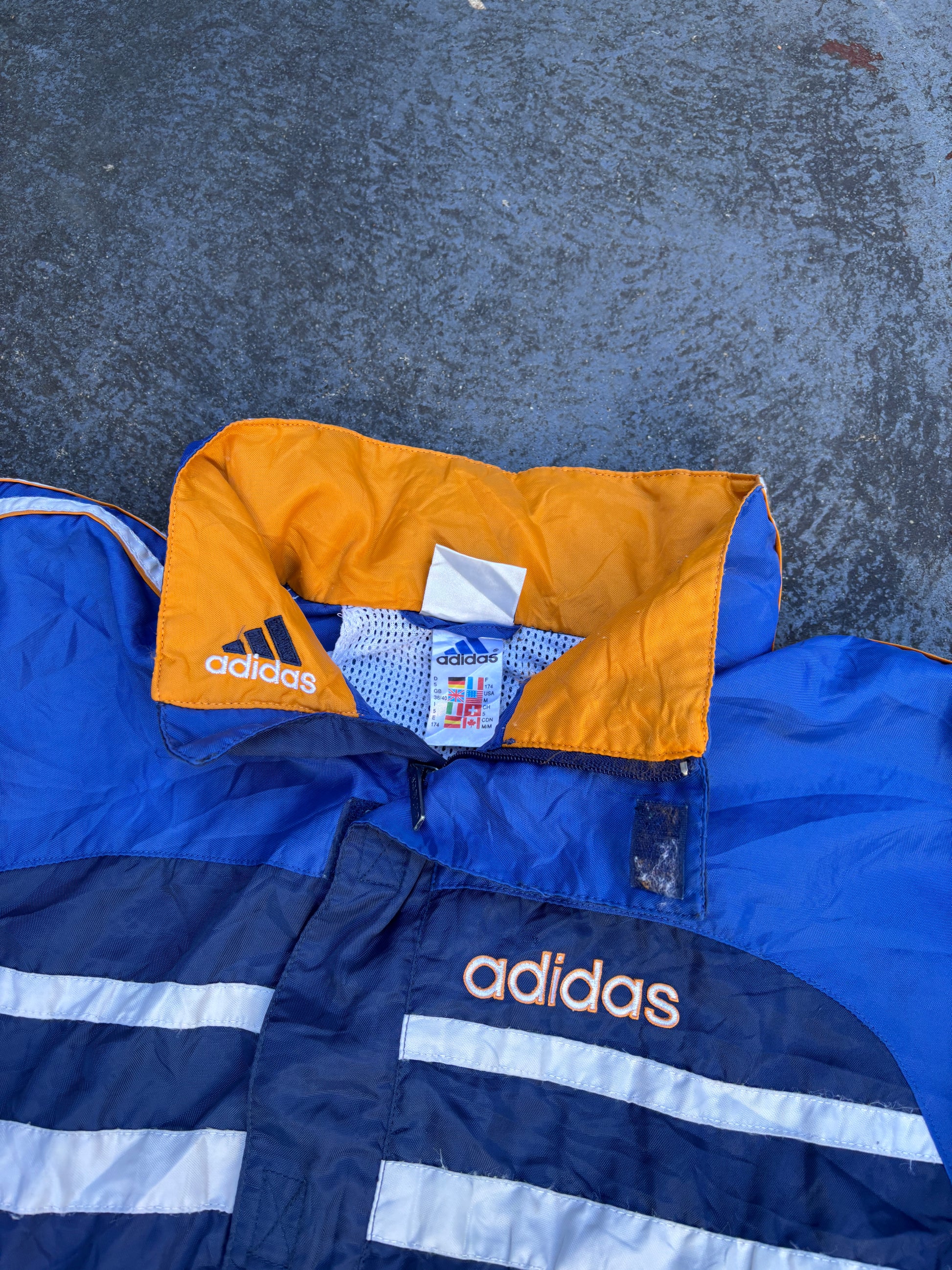 Vintage 90s Adidas Jacket Size M Blue Orange Retro Full Zip Hood Windbreaker
