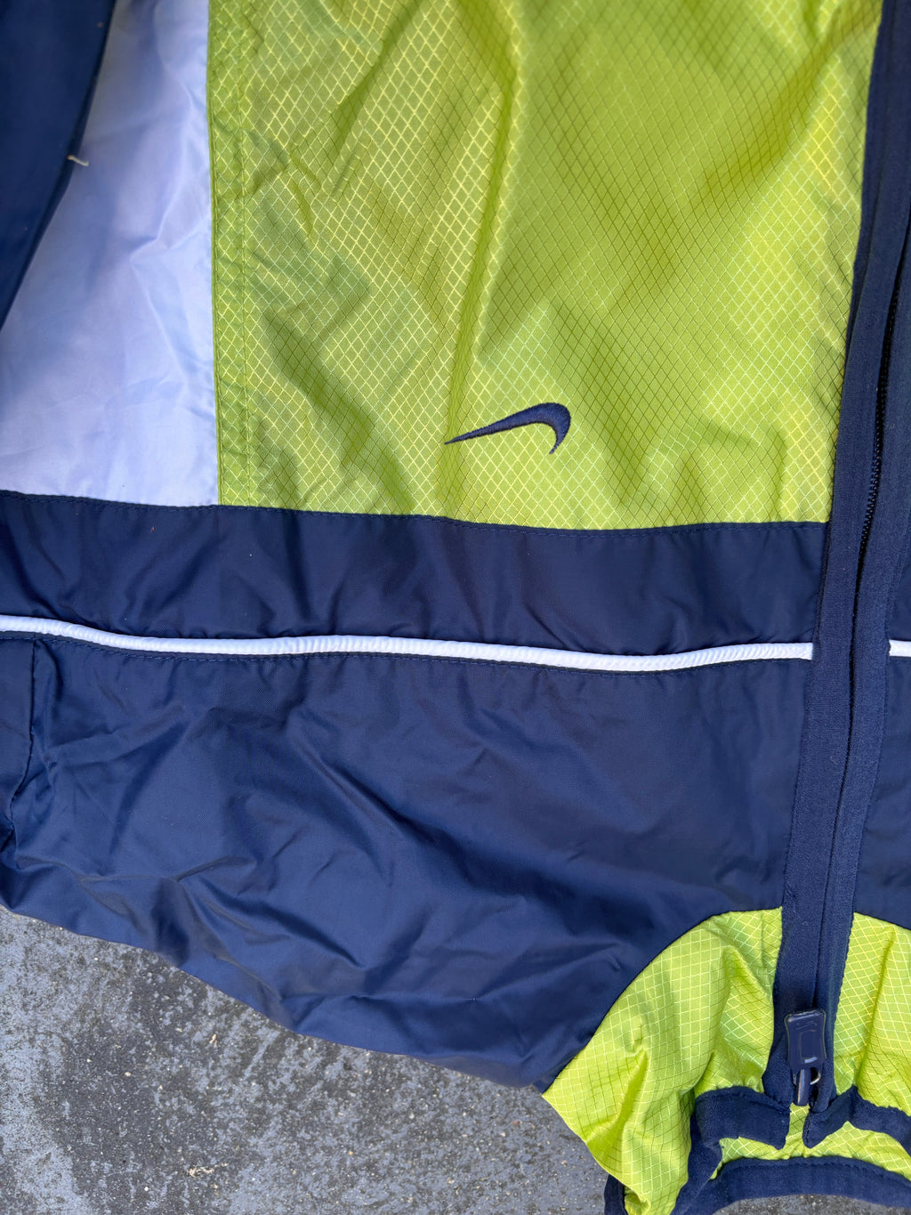 Vintage 90s Nike Jacket Womens M Blue Green Spell Out Logo Bungee Nylon Windbreaker