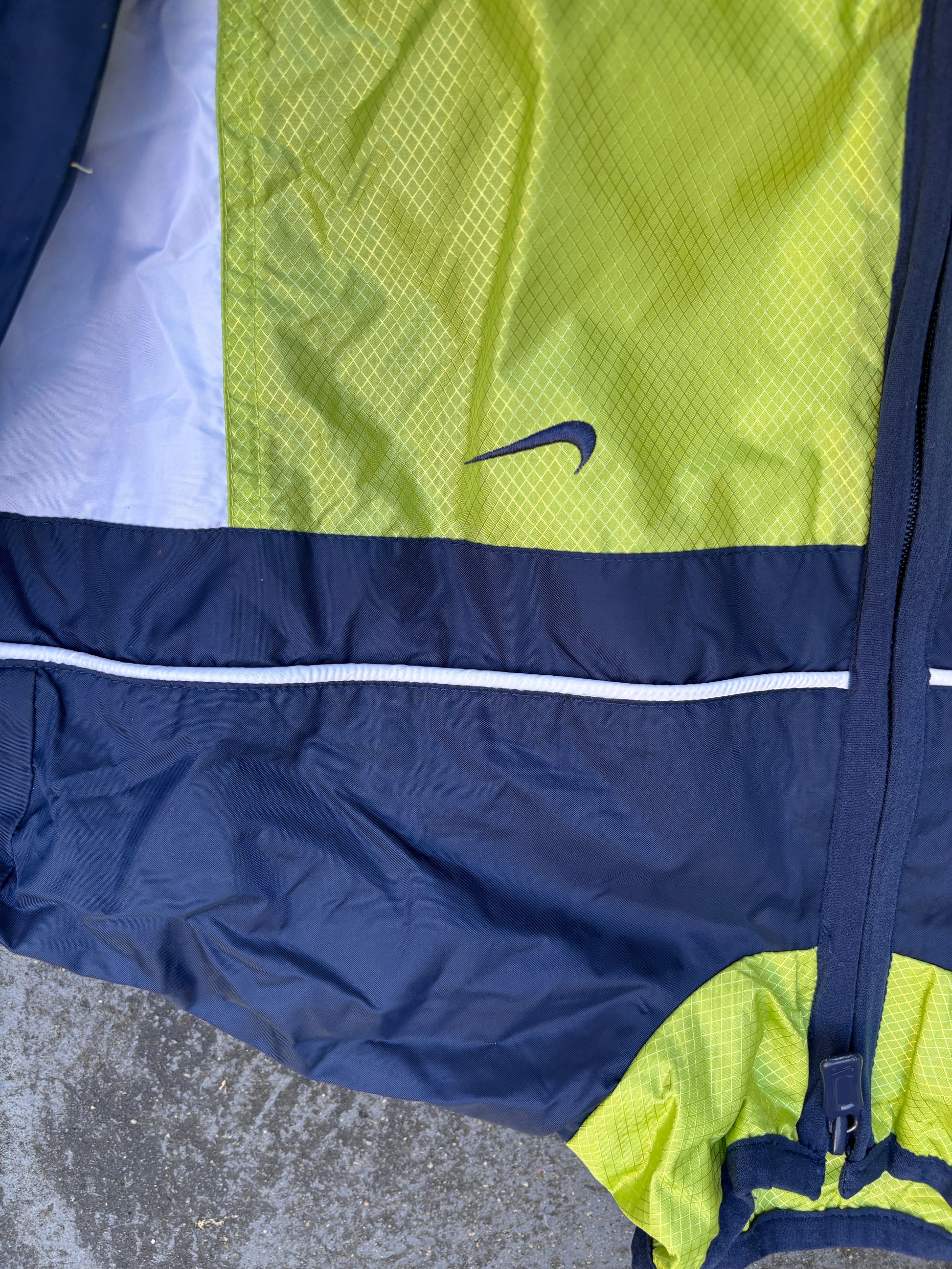 Vintage 90s Nike Jacket Womens M Blue Green Spell Out Logo Bungee Nylon Windbreaker