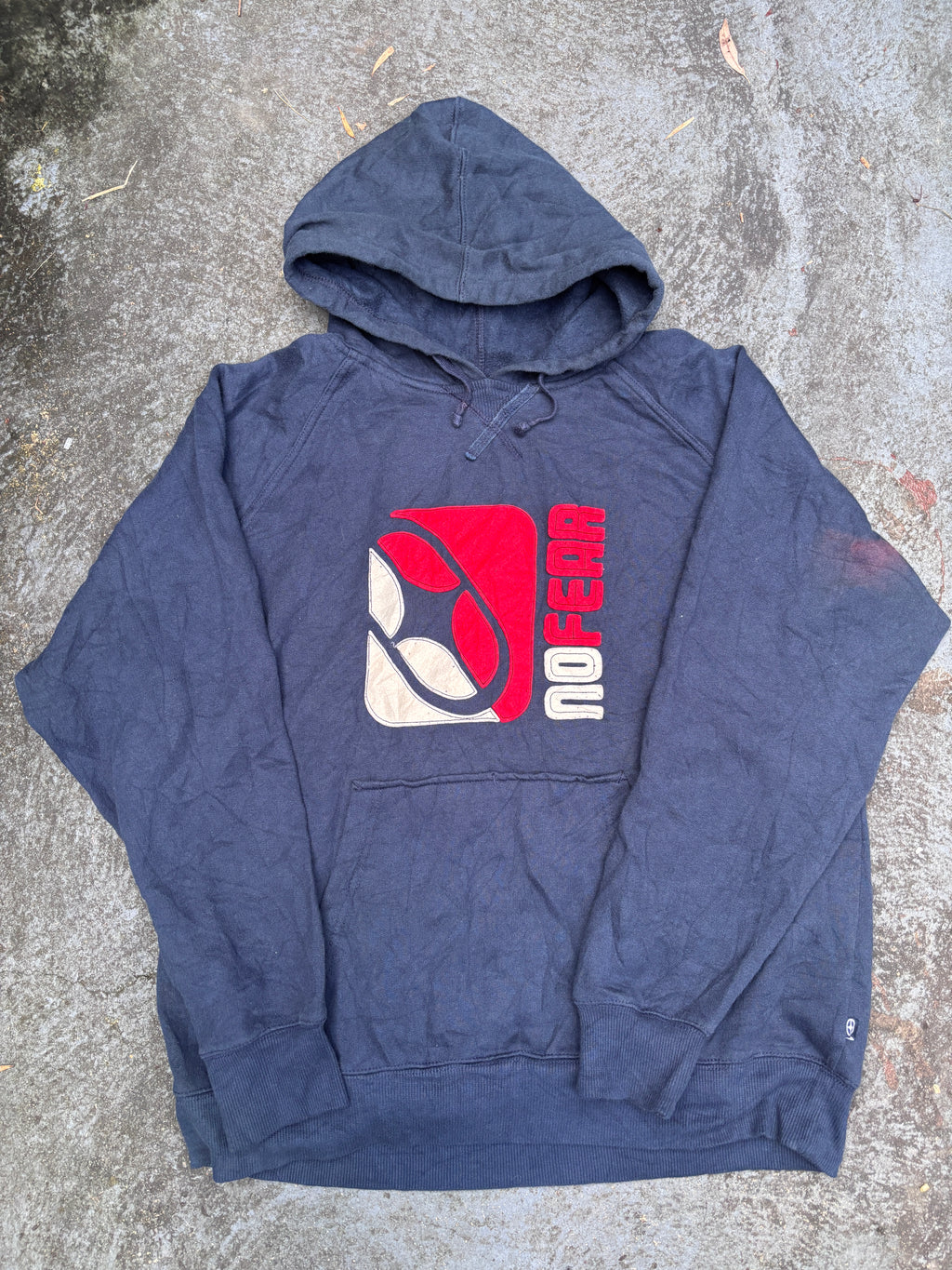 Vintage Y2K No Fear Hoodie Size L Navy Fleece Texture Logo Kangaroo Pouch