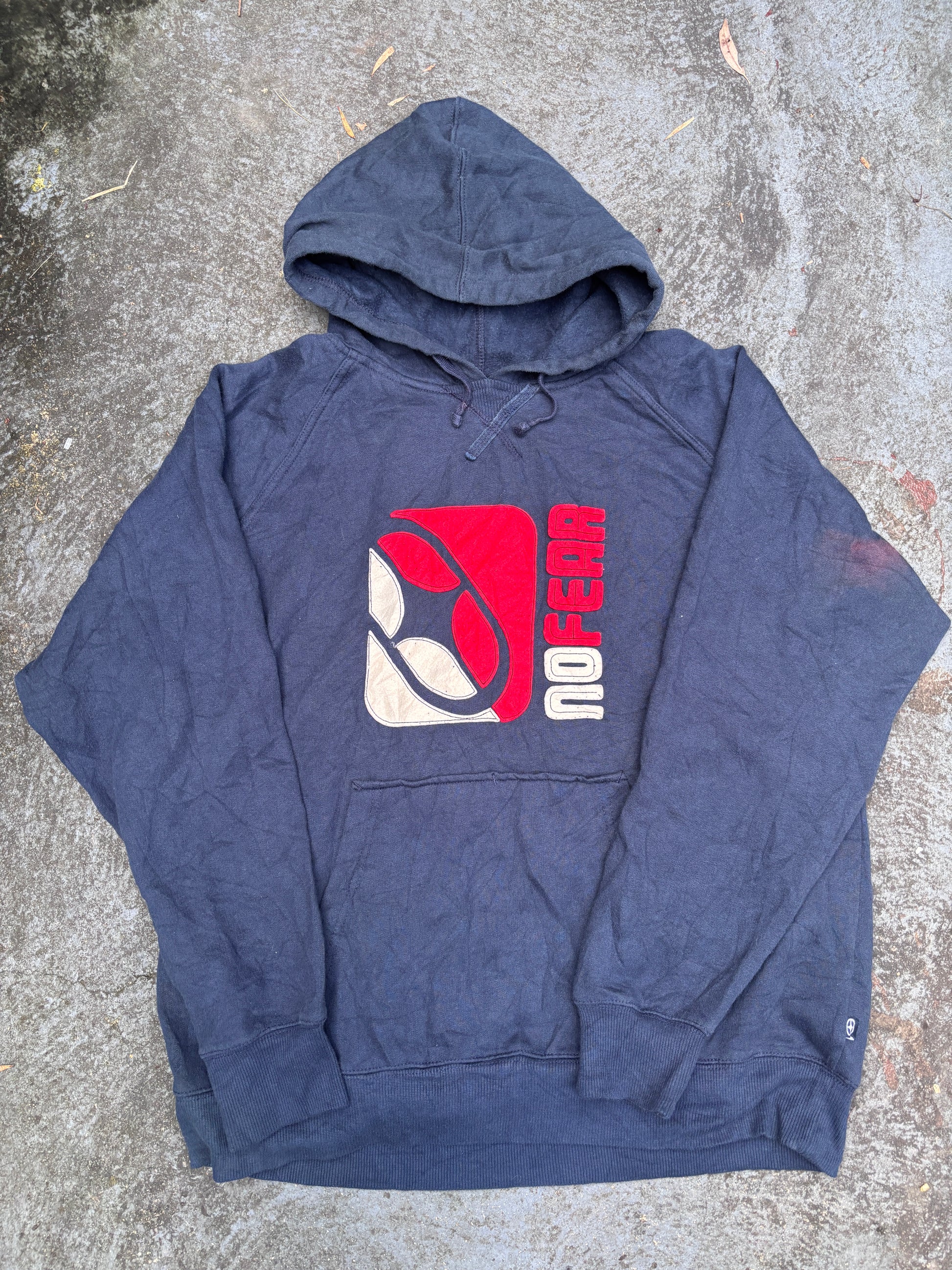 Vintage Y2K No Fear Hoodie Size L Navy Fleece Texture Logo Kangaroo Pouch
