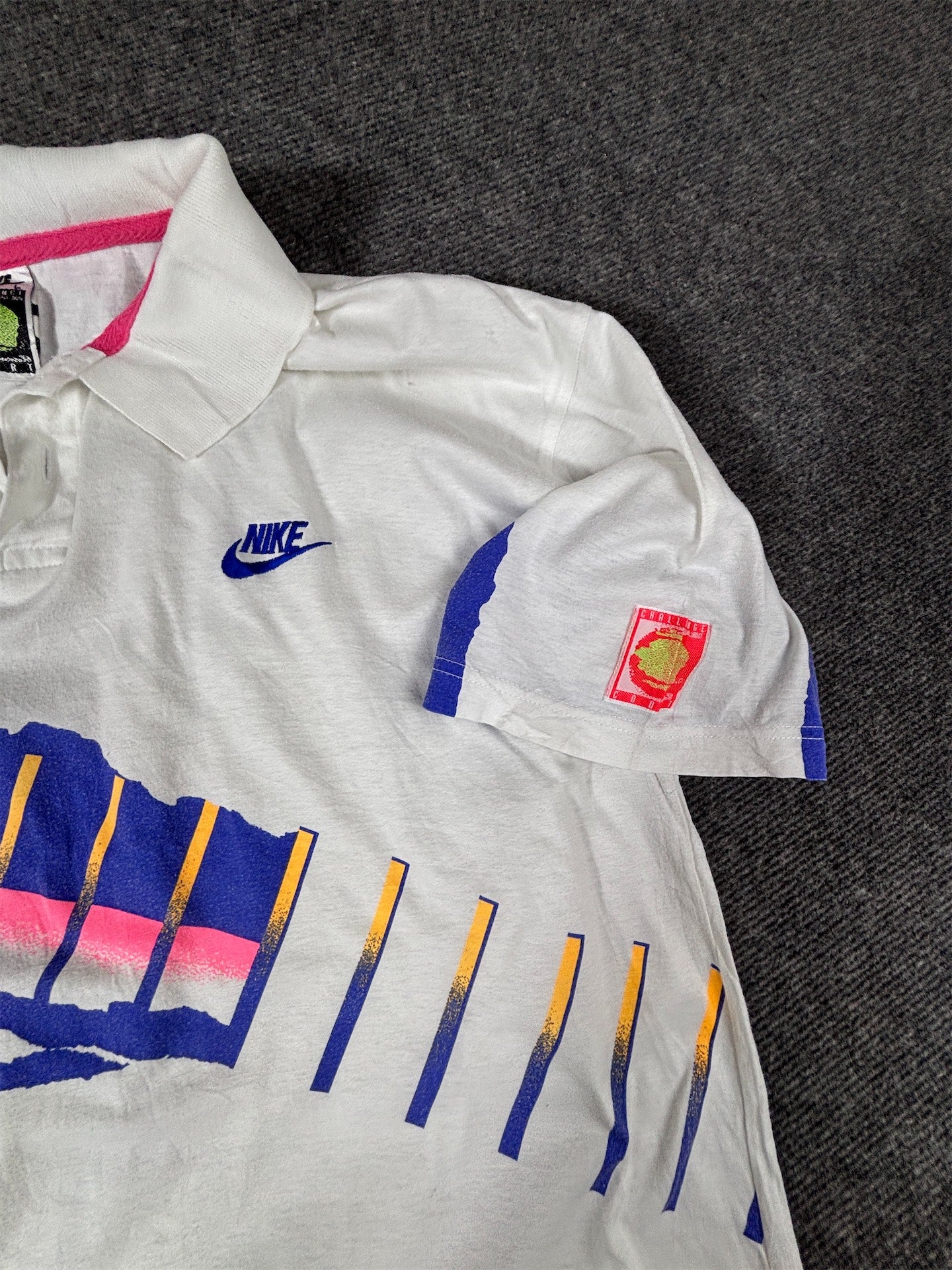 Vintage 90s Nike Challenge Court Polo Men’s L White Cotton Blue Pink Retro Tennis