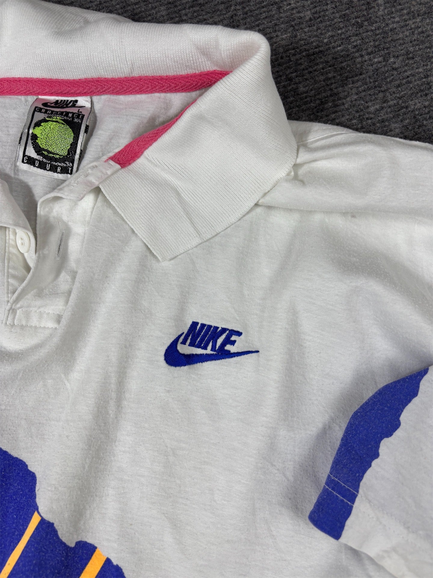 Vintage 90s Nike Challenge Court Polo Men’s L White Cotton Blue Pink Retro Tennis