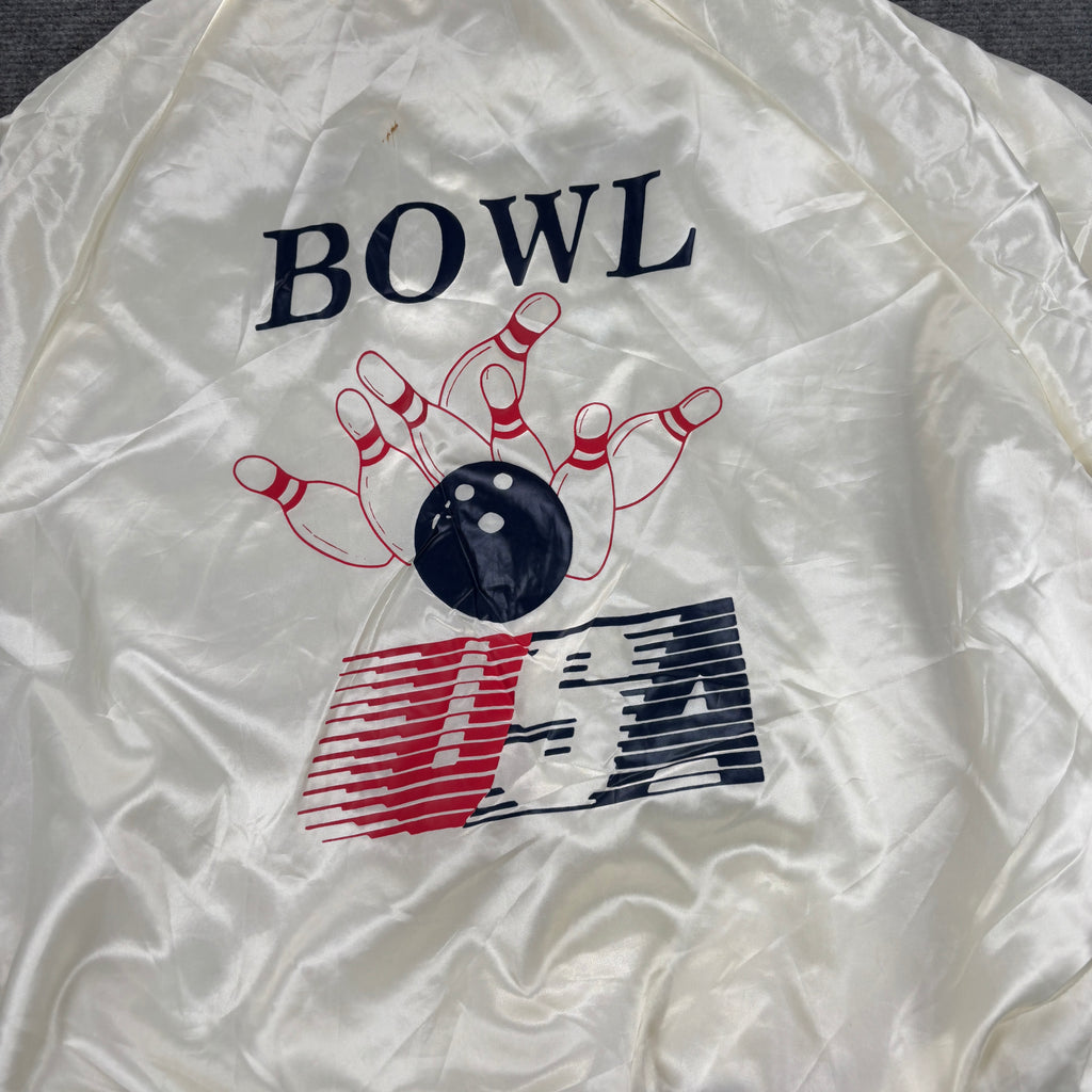 Vintage 90s Satin Bomber King Louie Bowling Jacket Size Medium Unisex White Cuffed